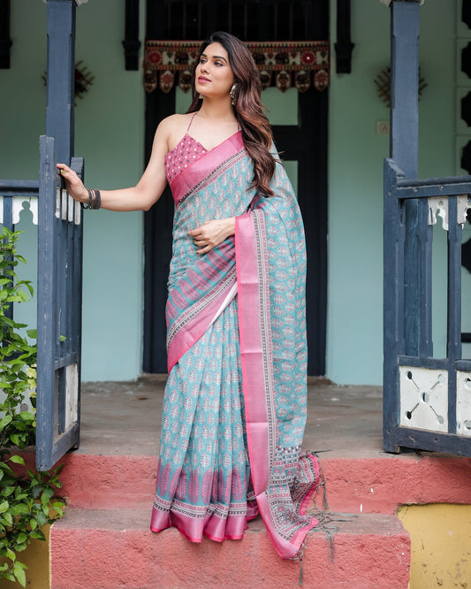 Luxury Teal Green Floral Linen Saree | Shaadigruh SD1016