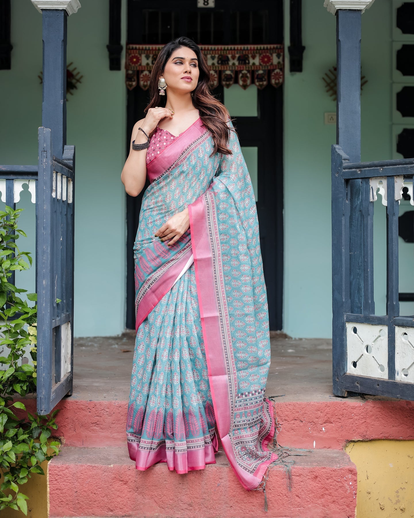 Luxury Teal Green Floral Linen Saree | Shaadigruh SD1016
