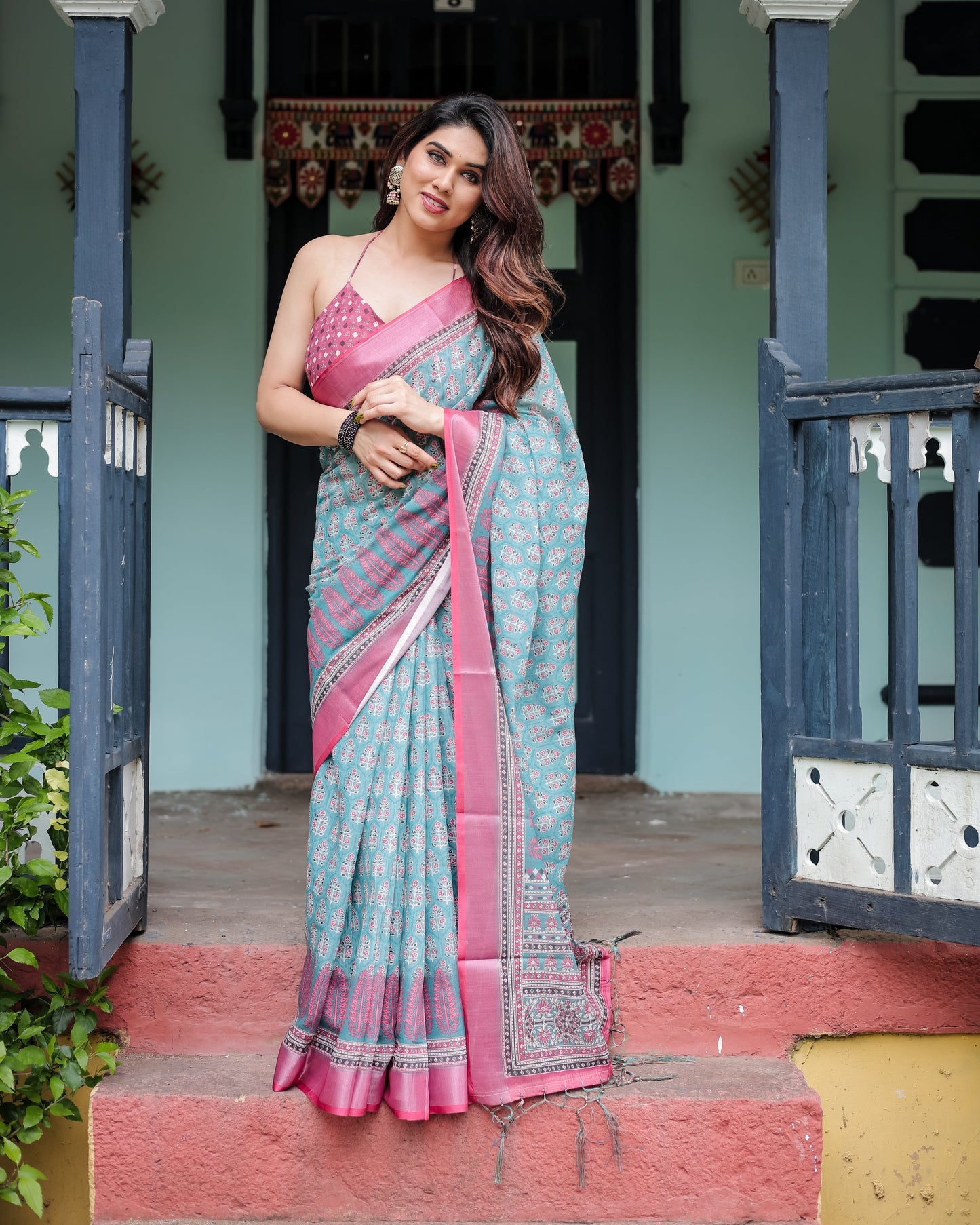 Luxury Teal Green Floral Linen Saree | Shaadigruh SD1016
