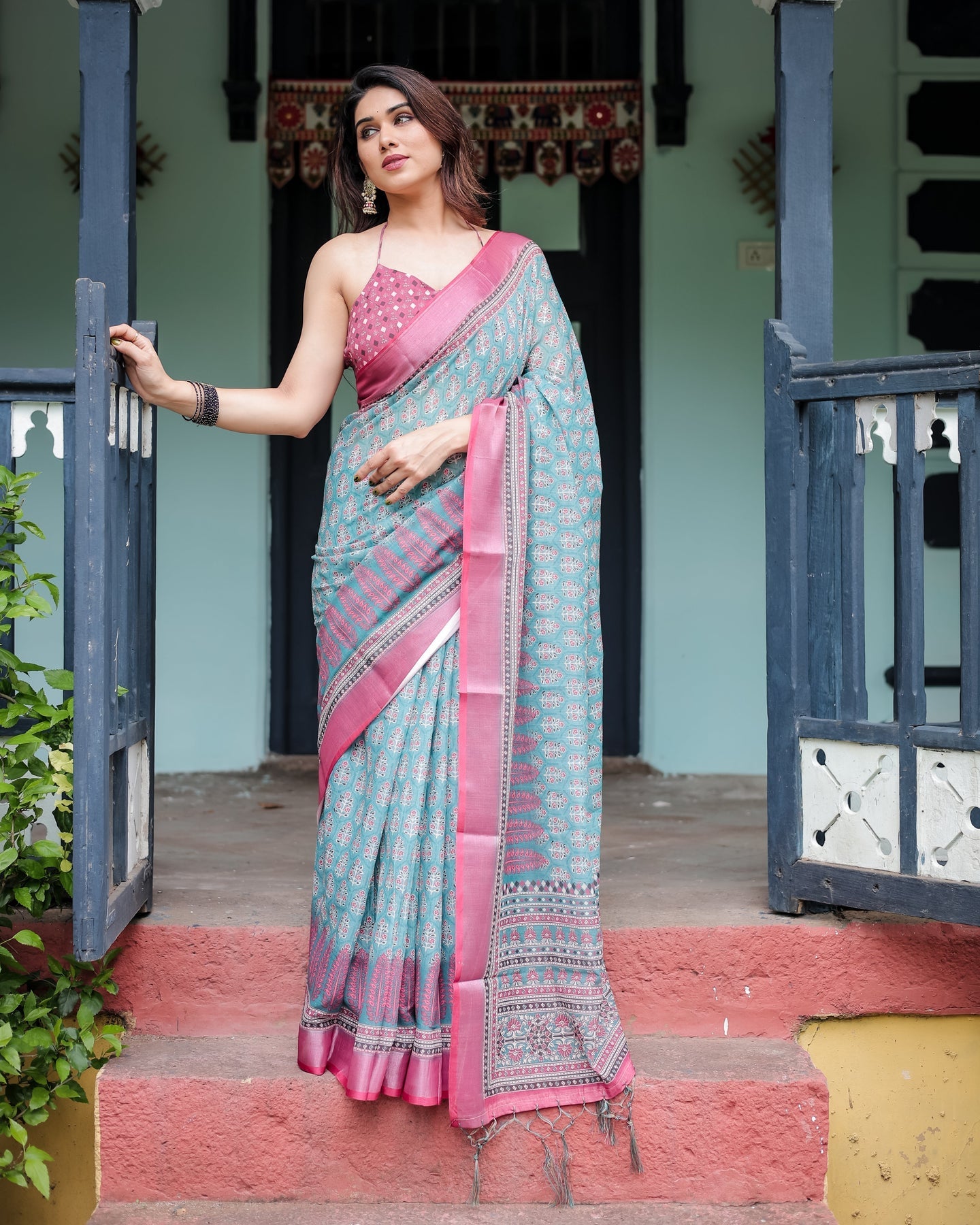 Luxury Teal Green Floral Linen Saree | Shaadigruh SD1016