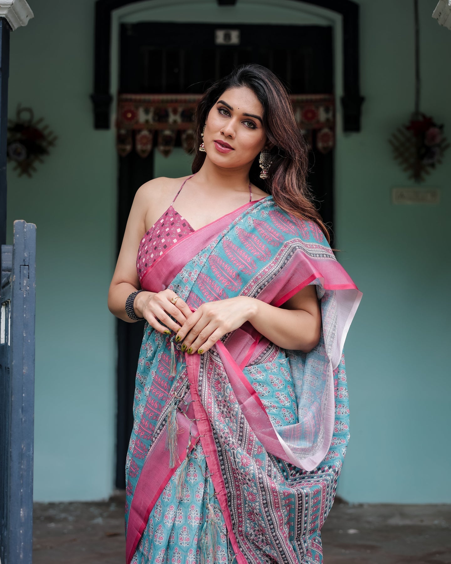 Luxury Teal Green Floral Linen Saree | Shaadigruh SD1016