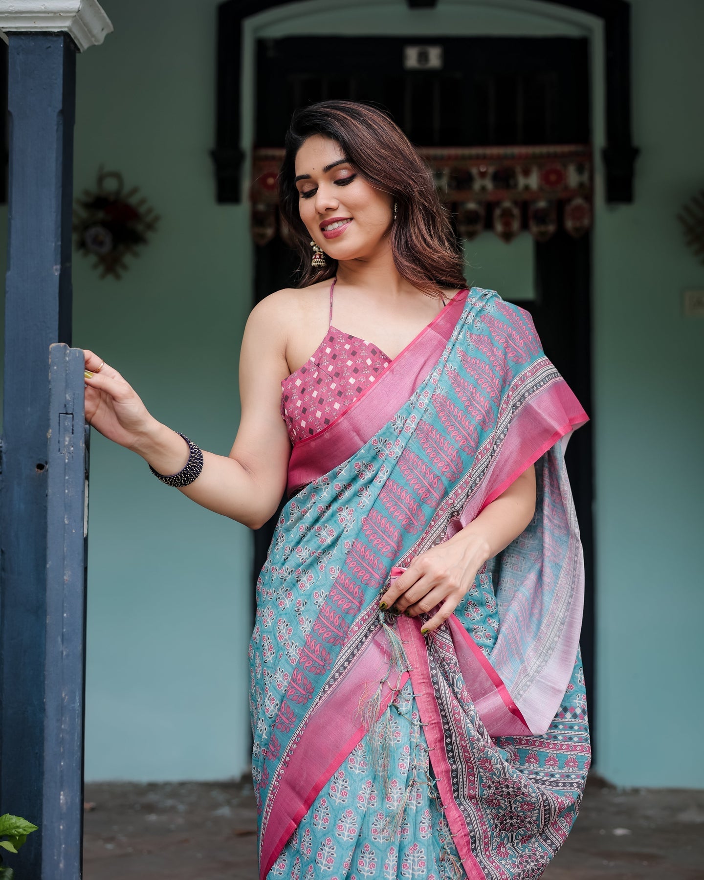 Luxury Teal Green Floral Linen Saree | Shaadigruh SD1016