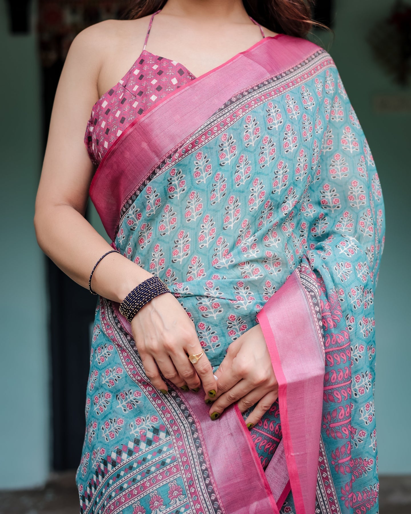 Luxury Teal Green Floral Linen Saree | Shaadigruh SD1016