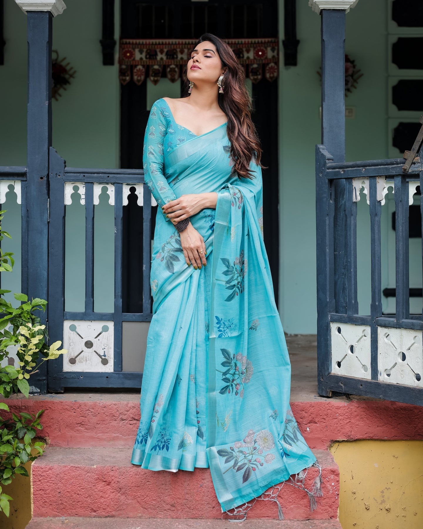 Luxury Aqua Blue Floral Linen Saree | Shaadigruh SD1002