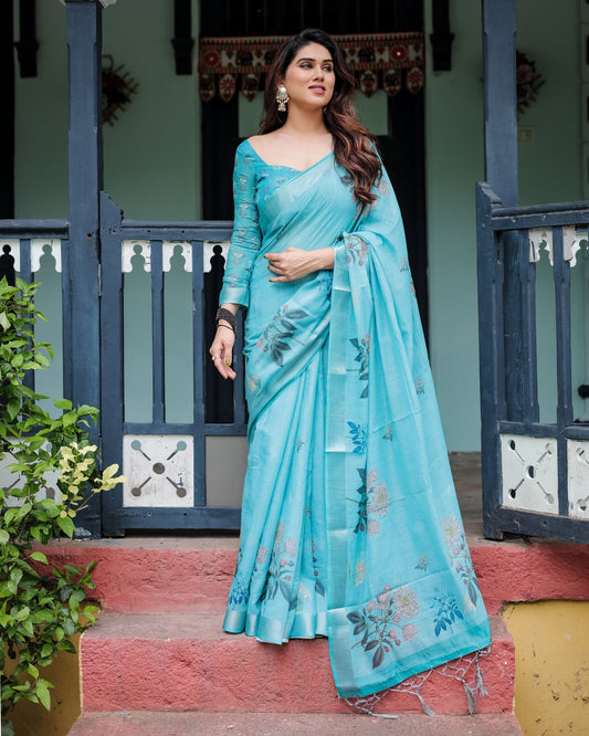 Luxury Aqua Blue Floral Linen Saree | Shaadigruh SD1002