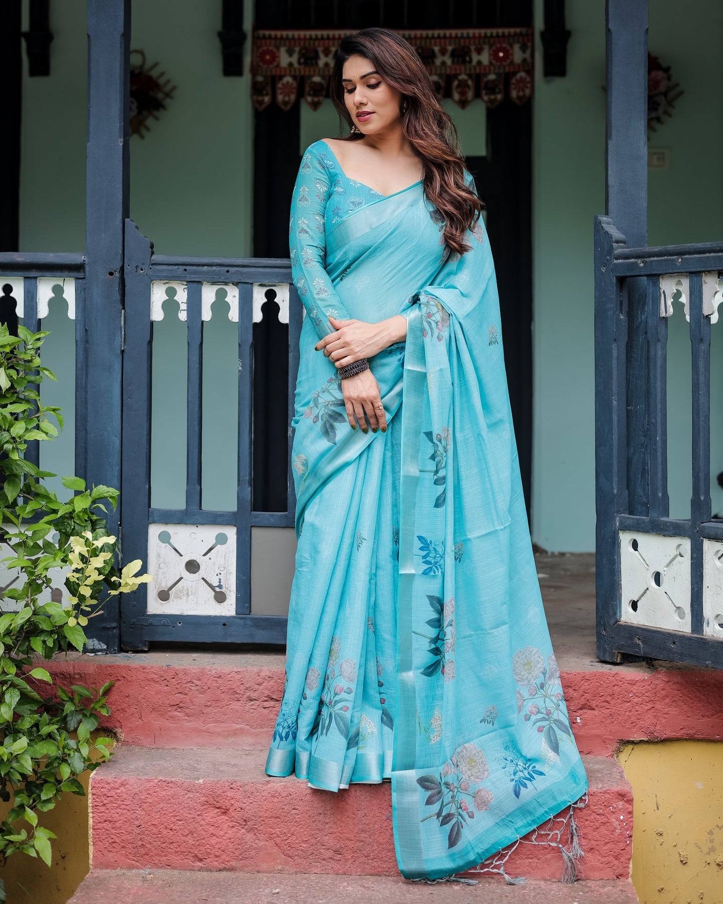 Luxury Aqua Blue Floral Linen Saree | Shaadigruh SD1002