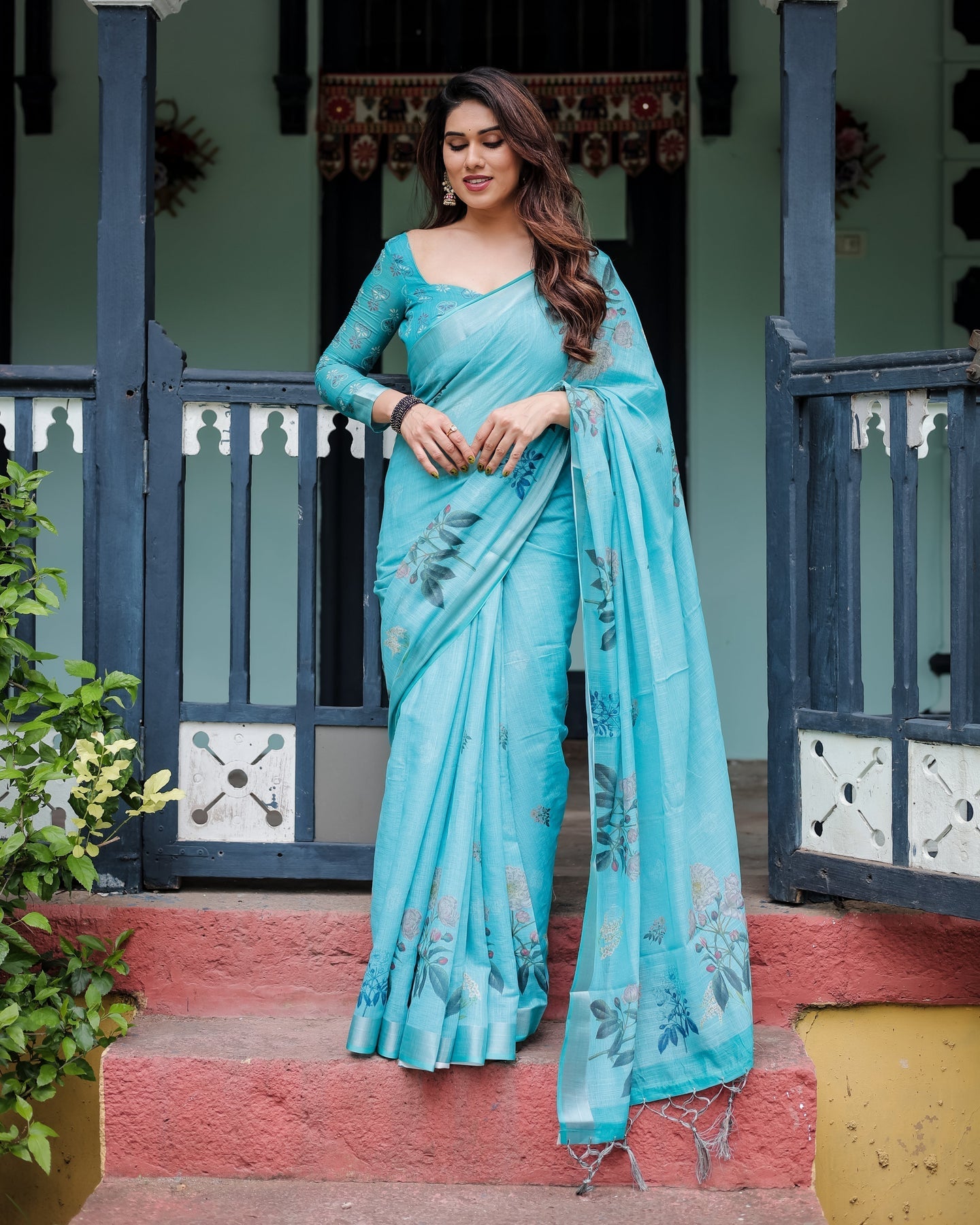 Luxury Aqua Blue Floral Linen Saree | Shaadigruh SD1002
