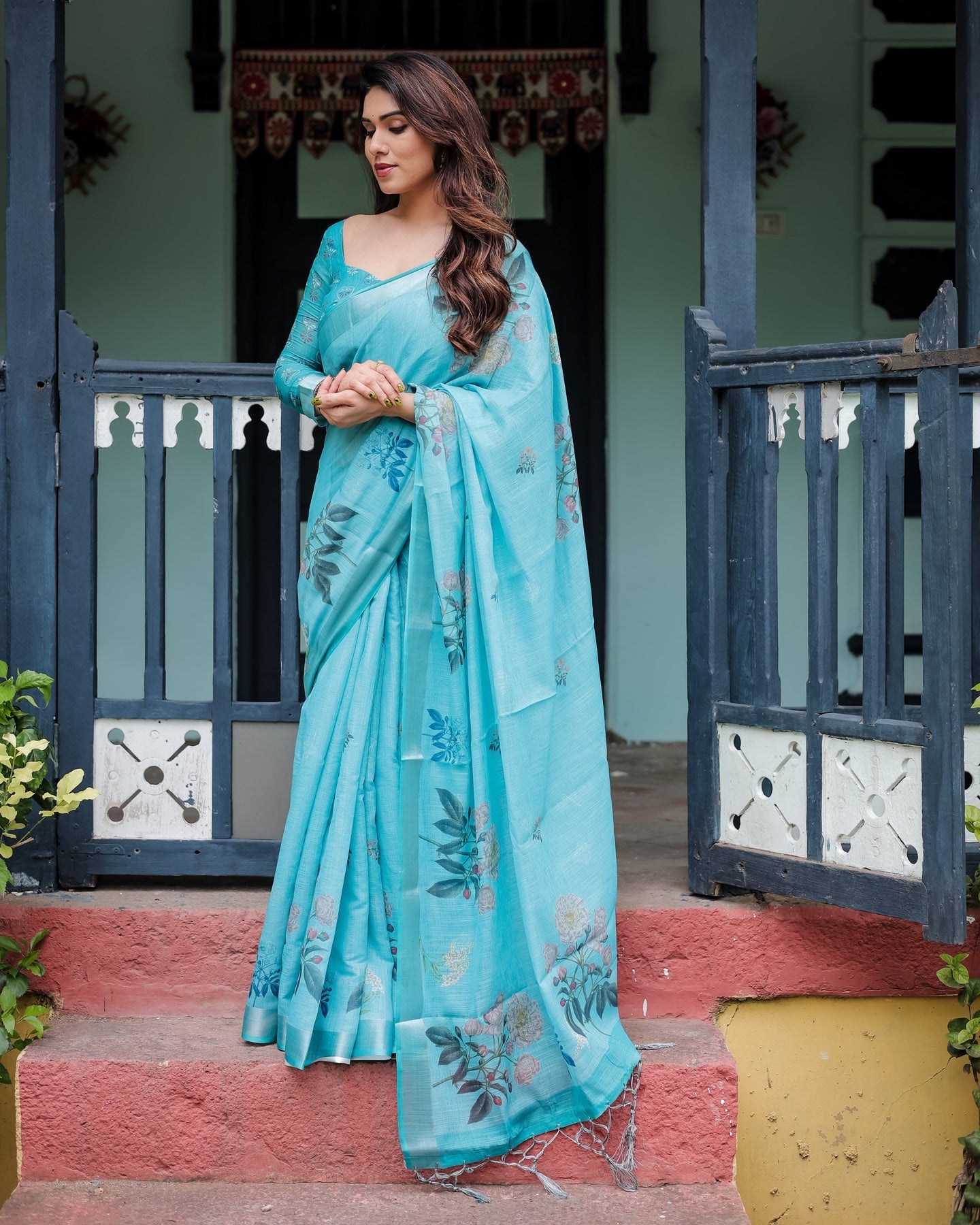 Luxury Aqua Blue Floral Linen Saree | Shaadigruh SD1002