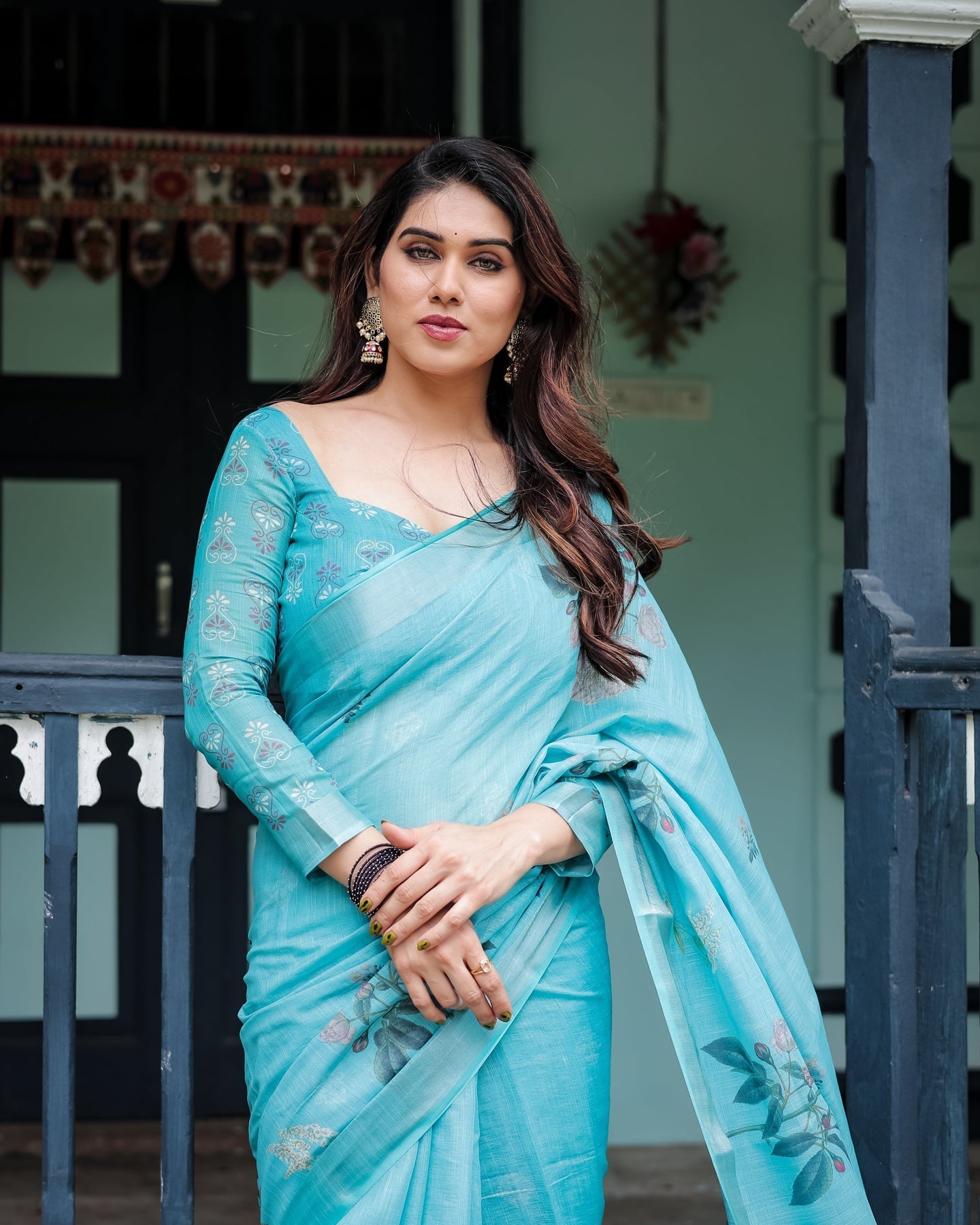 Luxury Aqua Blue Floral Linen Saree | Shaadigruh SD1002