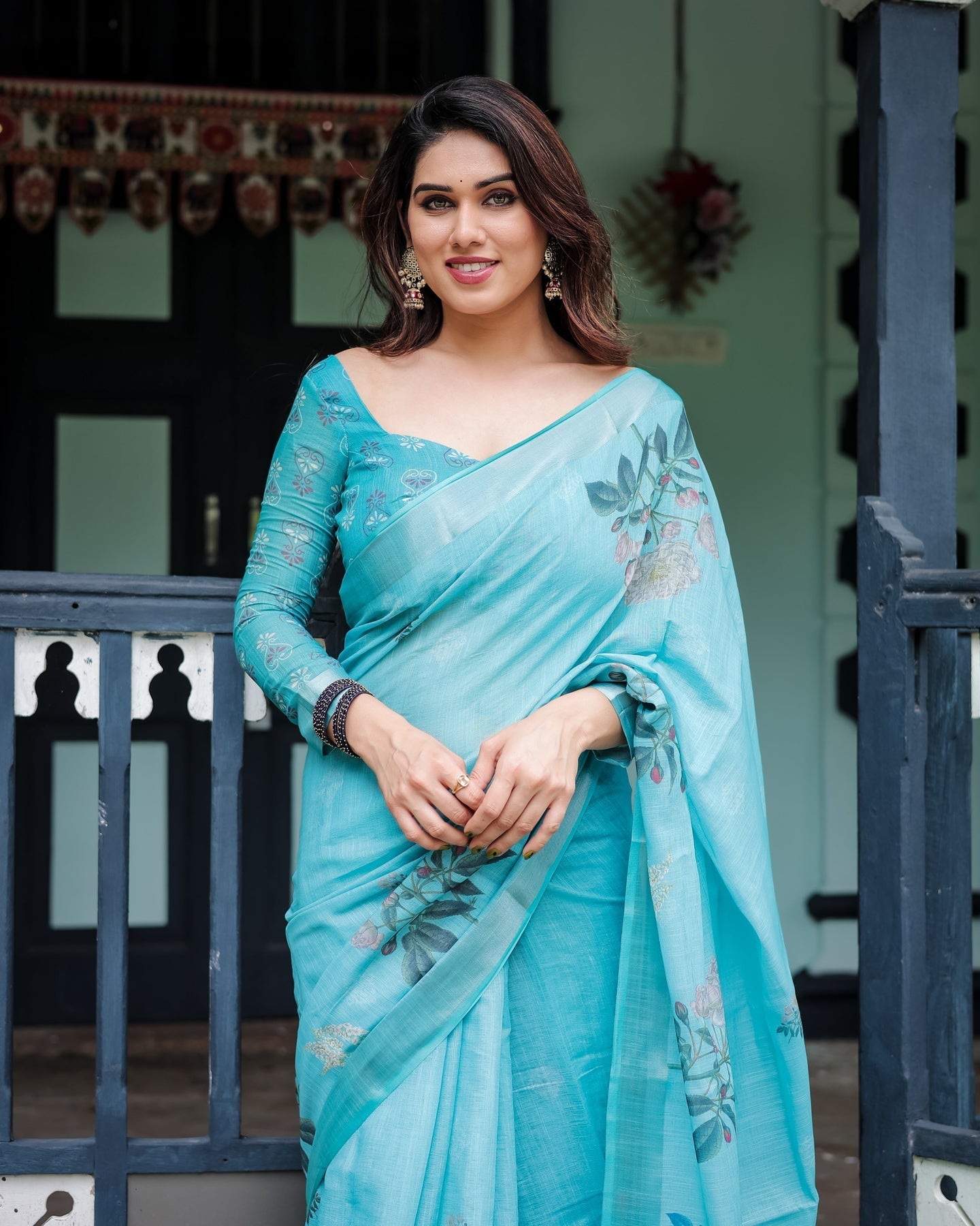 Luxury Aqua Blue Floral Linen Saree | Shaadigruh SD1002