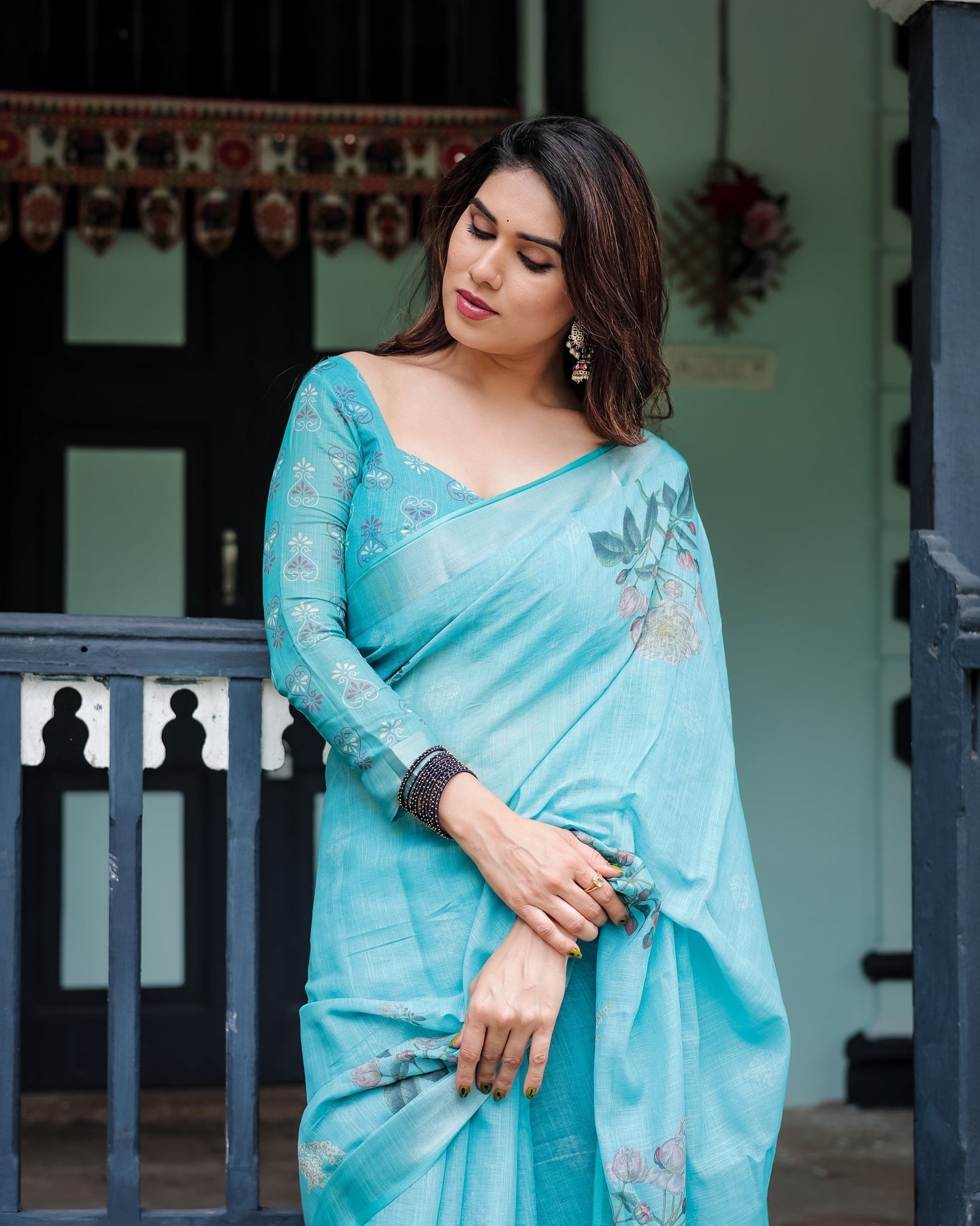 Luxury Aqua Blue Floral Linen Saree | Shaadigruh SD1002