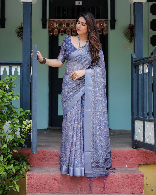 Luxury Steel Blue Floral Linen Saree | Shaadigruh SD1013
