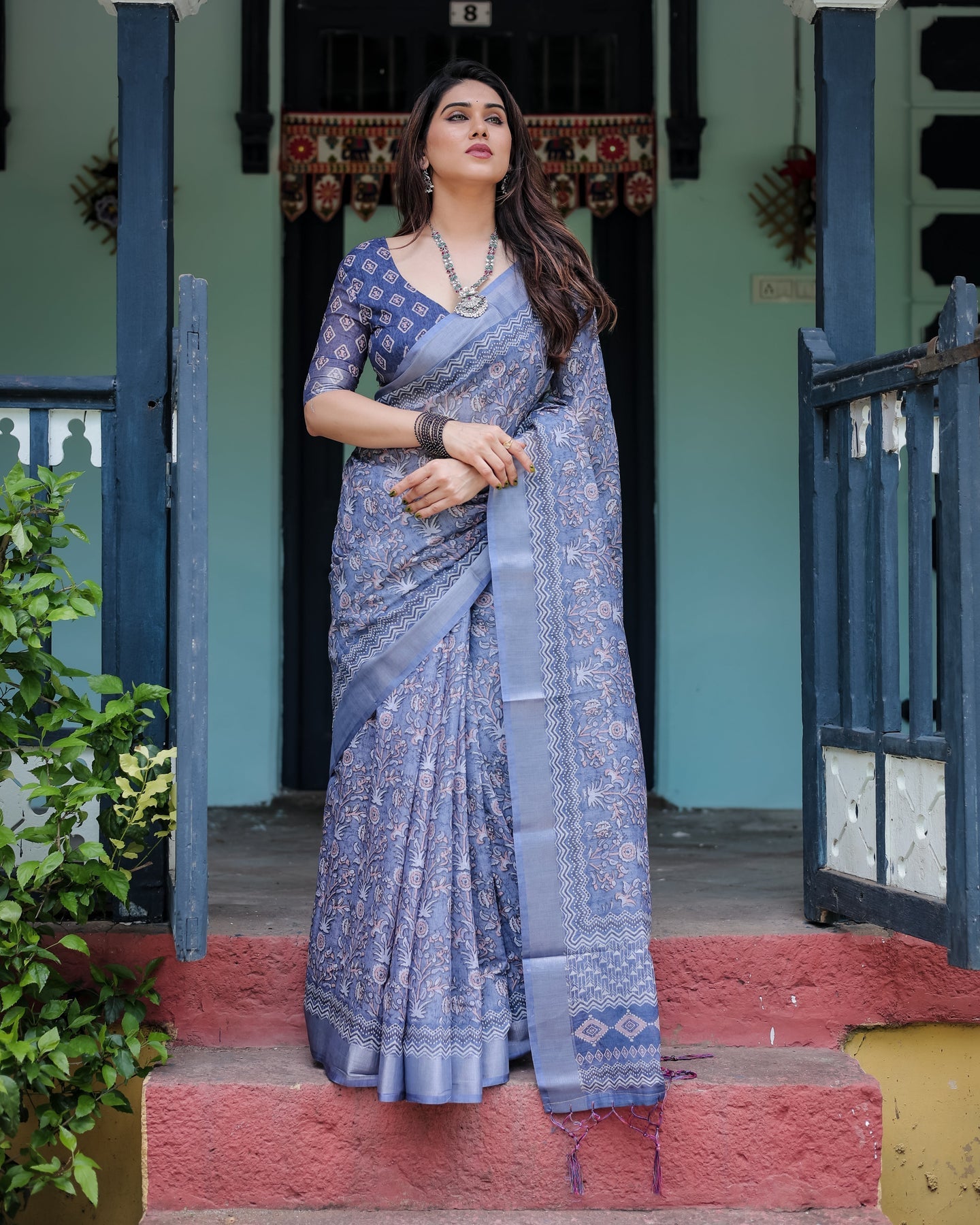 Luxury Steel Blue Floral Linen Saree | Shaadigruh SD1013