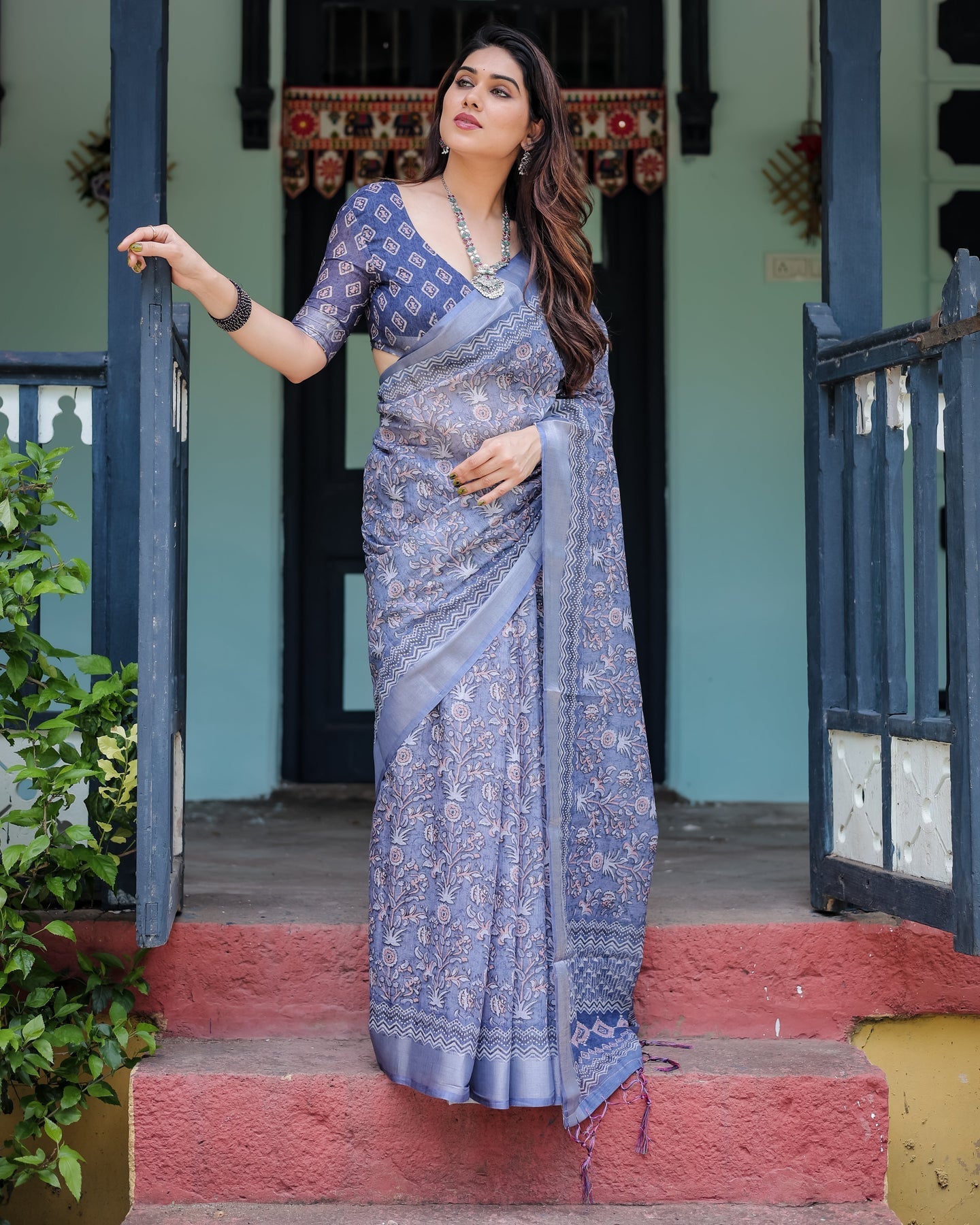 Luxury Steel Blue Floral Linen Saree | Shaadigruh SD1013