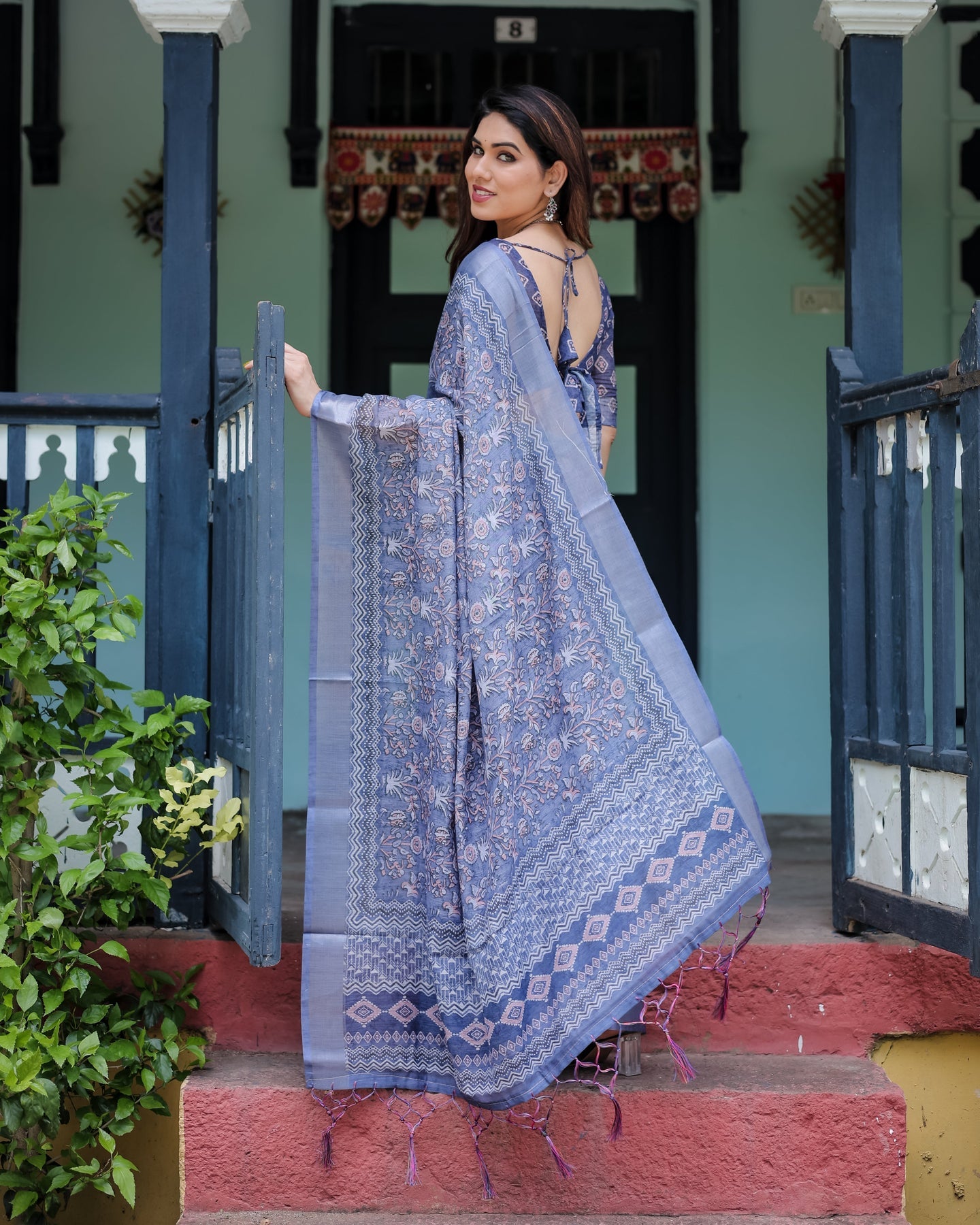 Luxury Steel Blue Floral Linen Saree | Shaadigruh SD1013