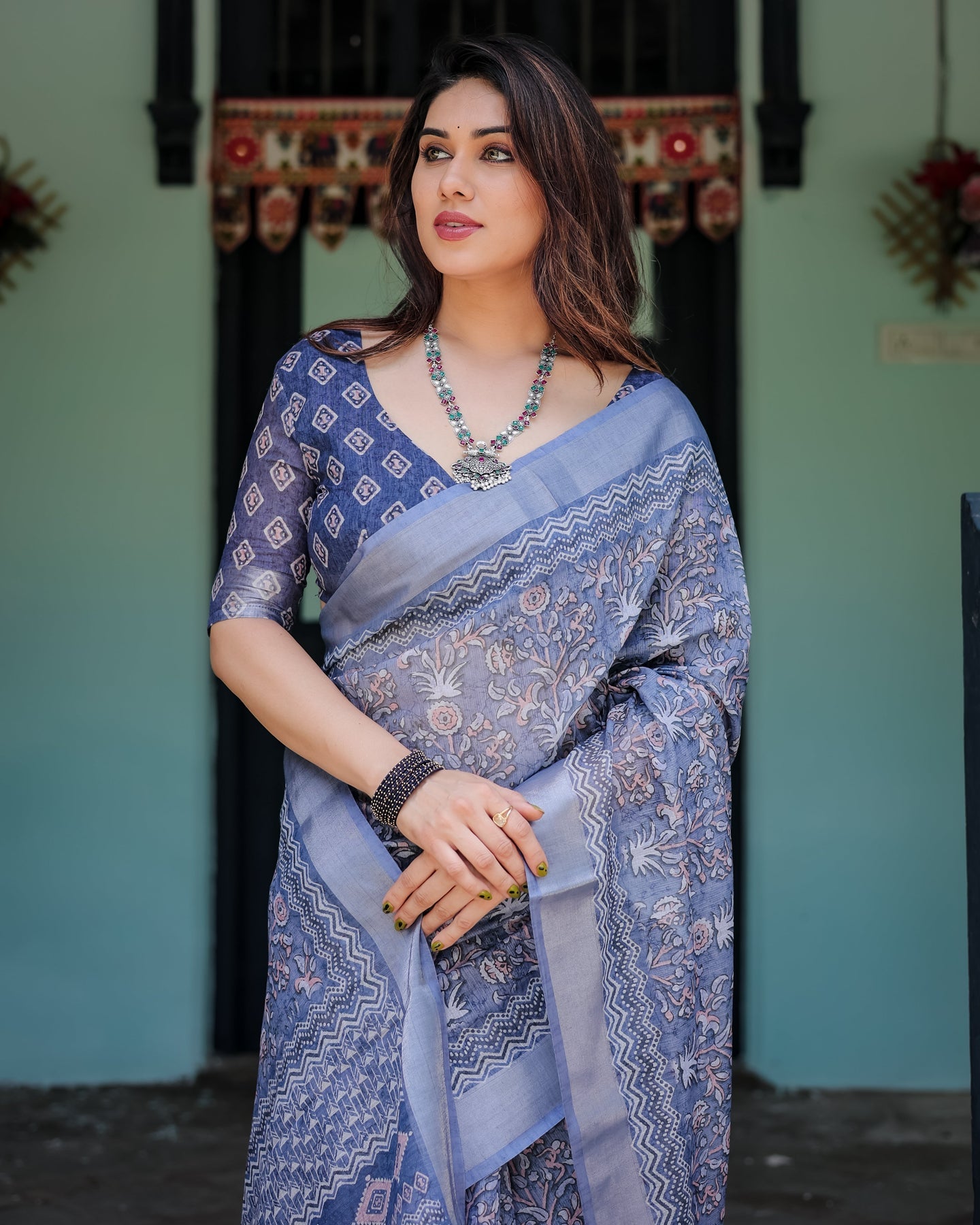 Luxury Steel Blue Floral Linen Saree | Shaadigruh SD1013