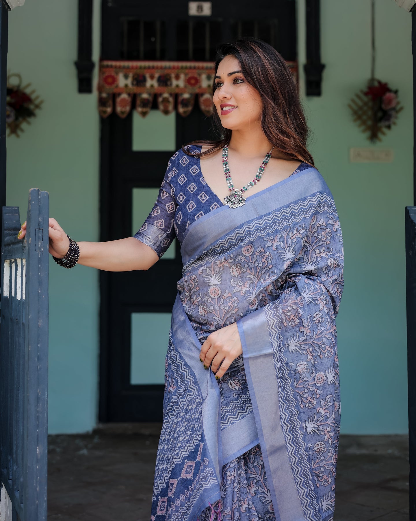 Luxury Steel Blue Floral Linen Saree | Shaadigruh SD1013
