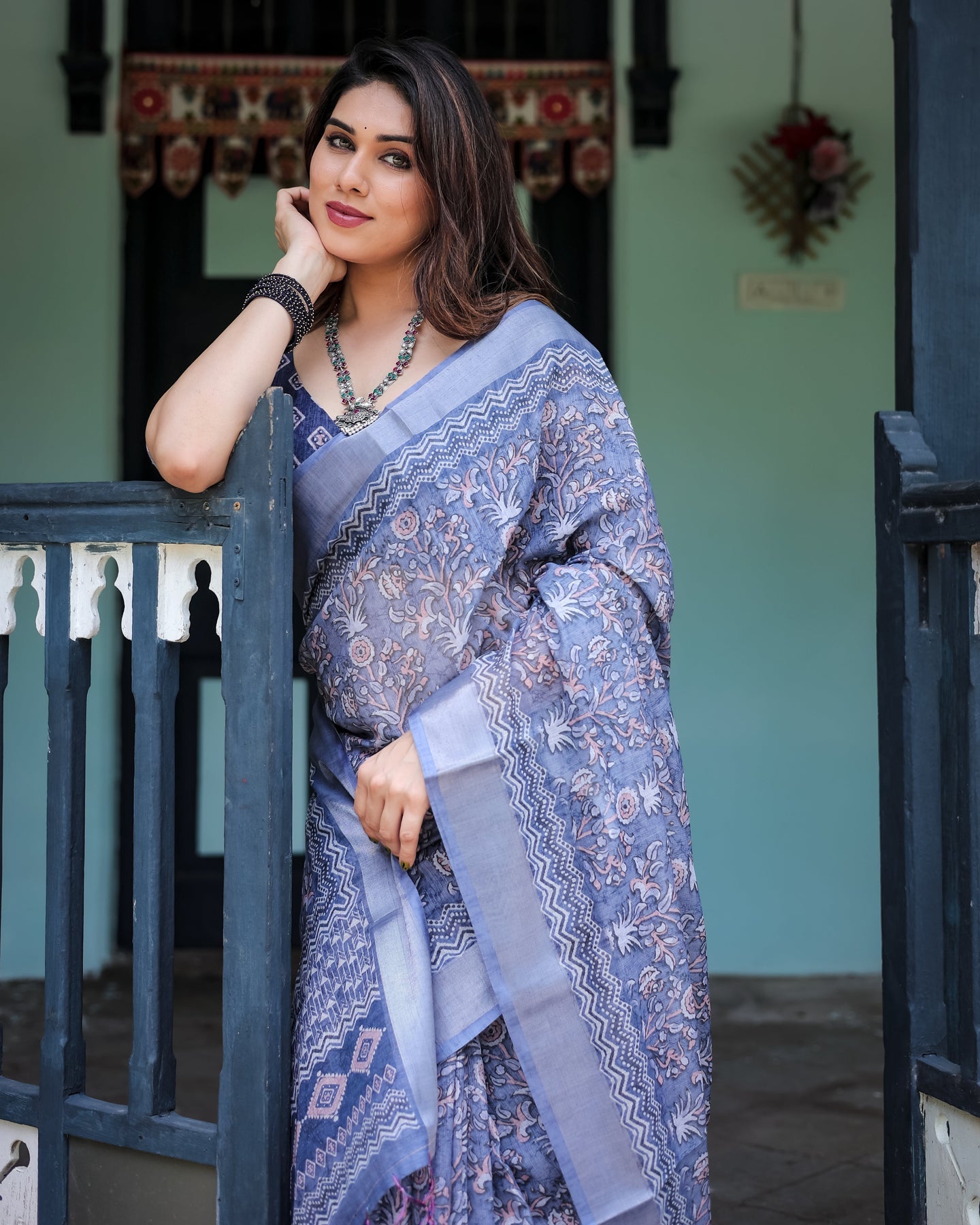 Luxury Steel Blue Floral Linen Saree | Shaadigruh SD1013