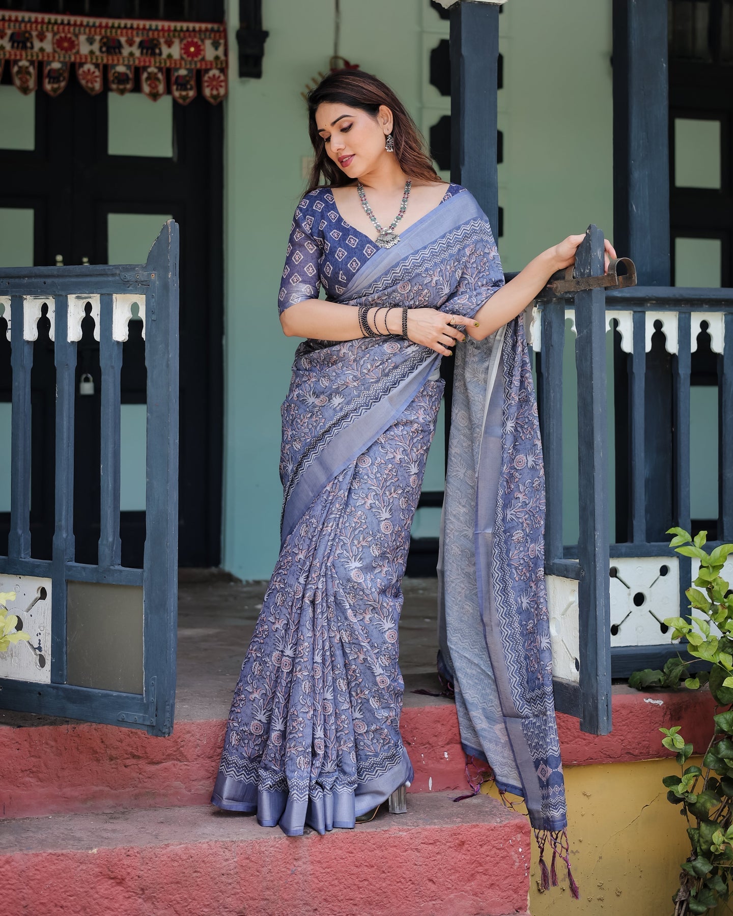 Luxury Steel Blue Floral Linen Saree | Shaadigruh SD1013