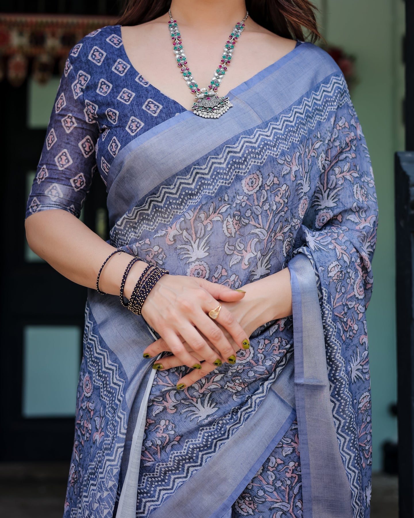 Luxury Steel Blue Floral Linen Saree | Shaadigruh SD1013
