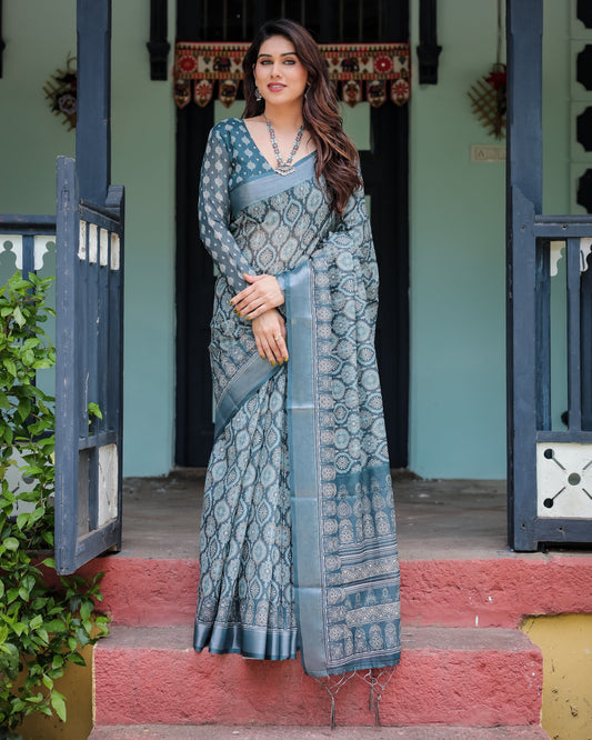 Luxury Dusty Teal Ethnic Motif Linen Saree | Shaadigruh SD1021