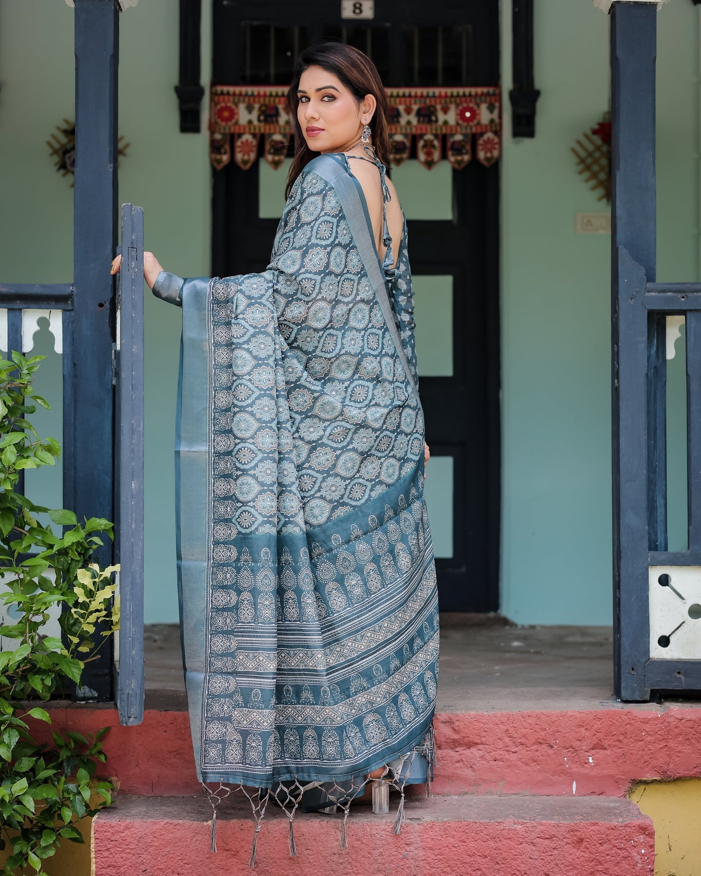 Luxury Dusty Teal Ethnic Motif Linen Saree | Shaadigruh SD1021