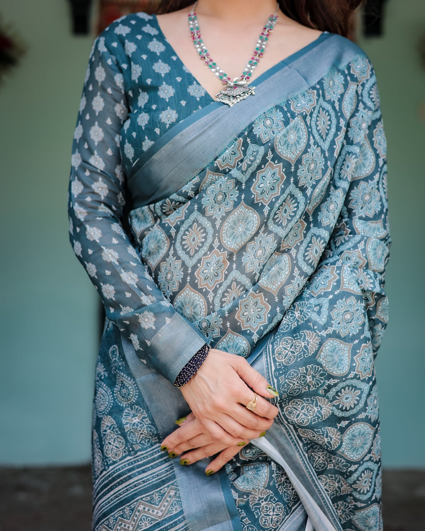 Luxury Dusty Teal Ethnic Motif Linen Saree | Shaadigruh SD1021