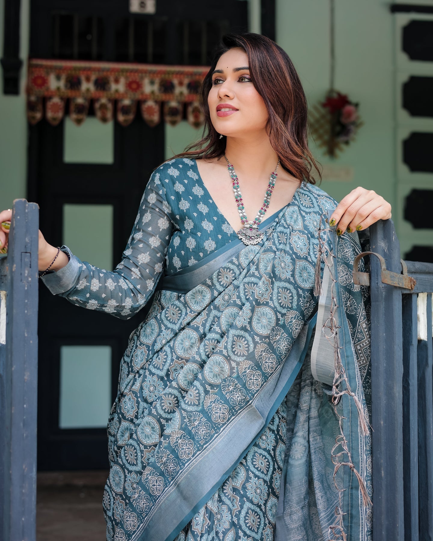 Luxury Dusty Teal Ethnic Motif Linen Saree | Shaadigruh SD1021