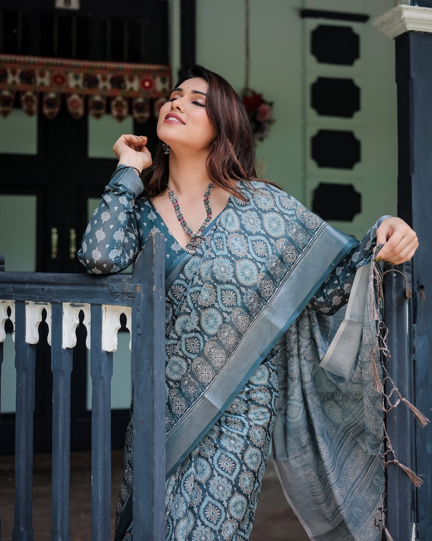 Luxury Dusty Teal Ethnic Motif Linen Saree | Shaadigruh SD1021