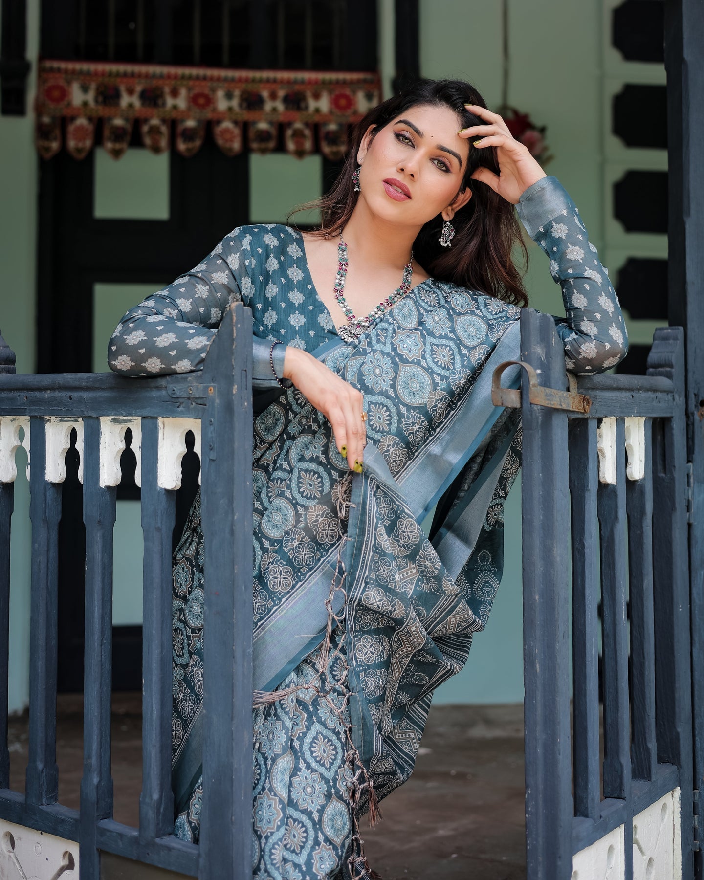 Luxury Dusty Teal Ethnic Motif Linen Saree | Shaadigruh SD1021