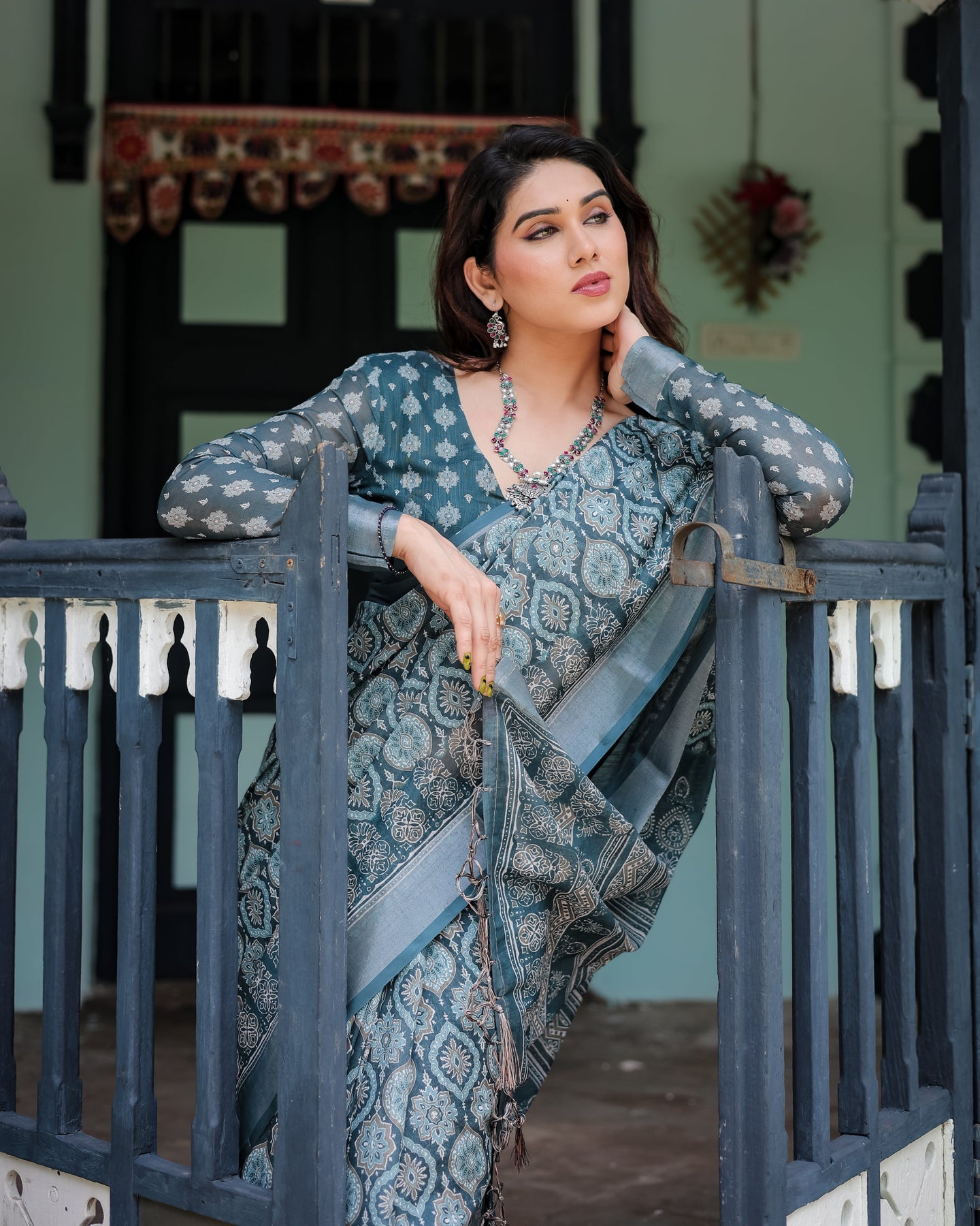 Luxury Dusty Teal Ethnic Motif Linen Saree | Shaadigruh SD1021
