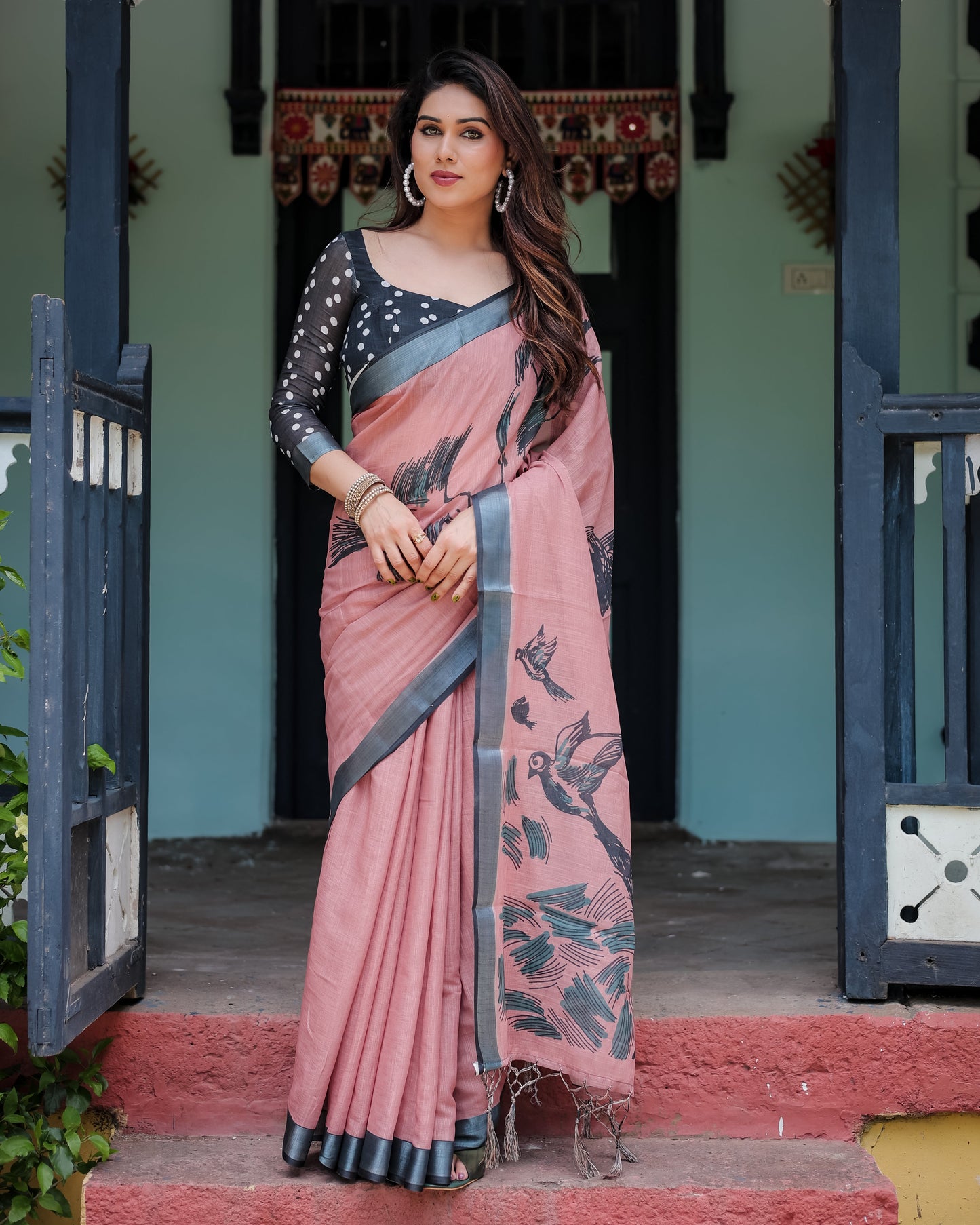 Luxury Dusty Rose Bird Motif Linen Saree | Shaadigruh SD1017