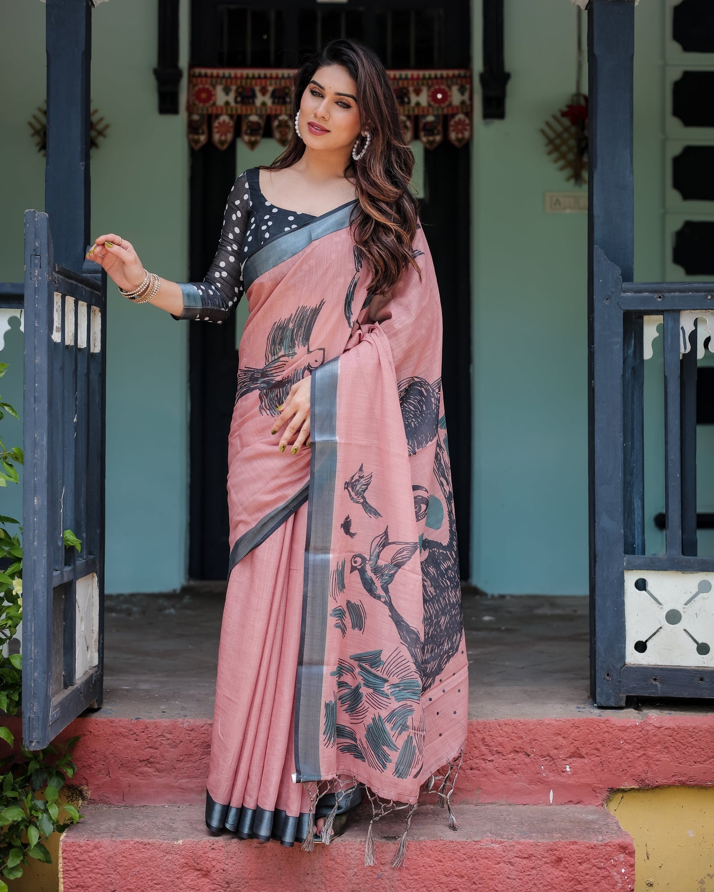 Luxury Dusty Rose Bird Motif Linen Saree | Shaadigruh SD1017