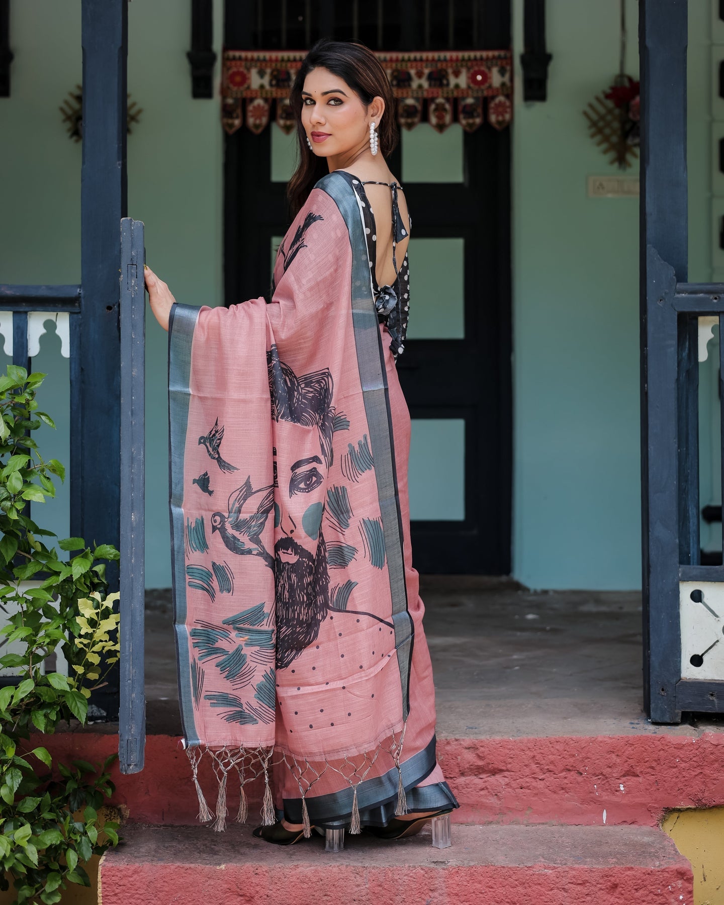Luxury Dusty Rose Bird Motif Linen Saree | Shaadigruh SD1017