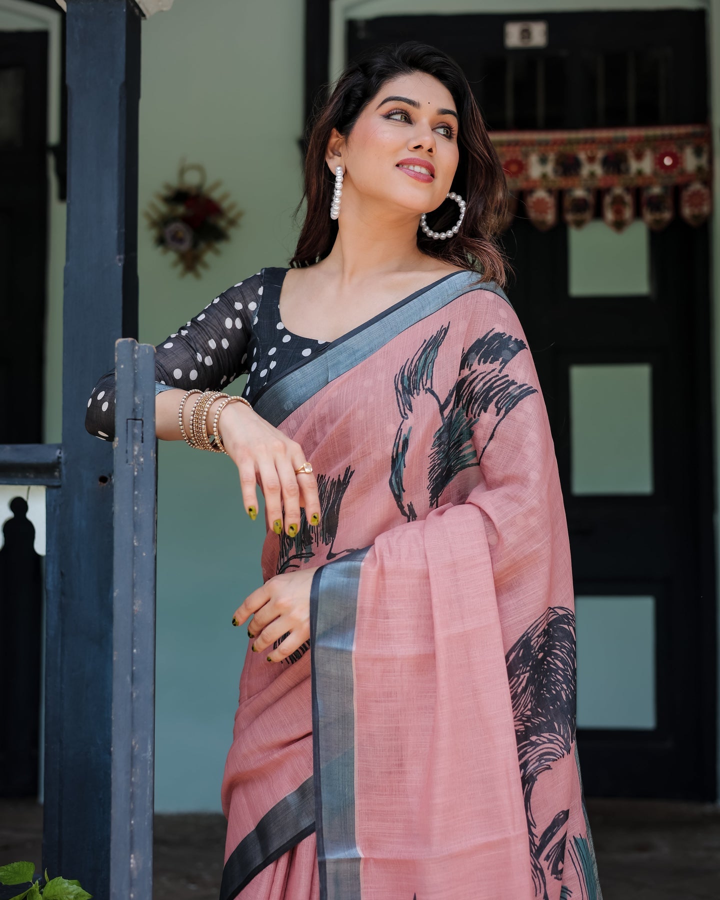 Luxury Dusty Rose Bird Motif Linen Saree | Shaadigruh SD1017