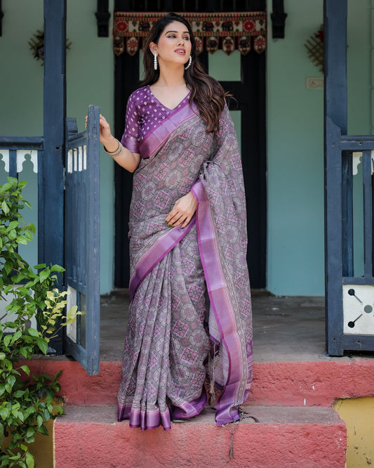 Luxury Mauve Purple Linen Saree | Shaadigruh SD1026