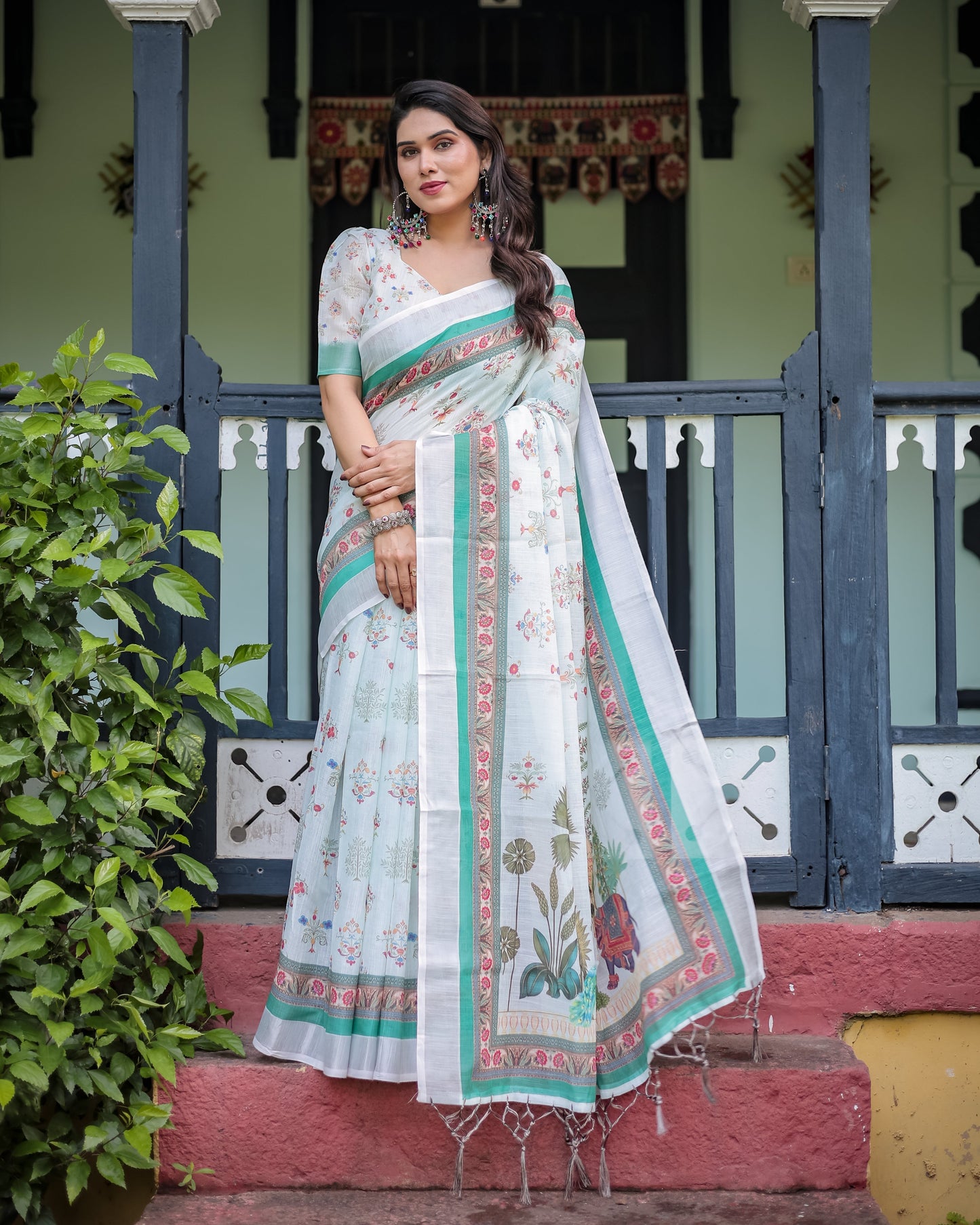 Mint Green Floral Linen Saree | Shaadigruh SD1041