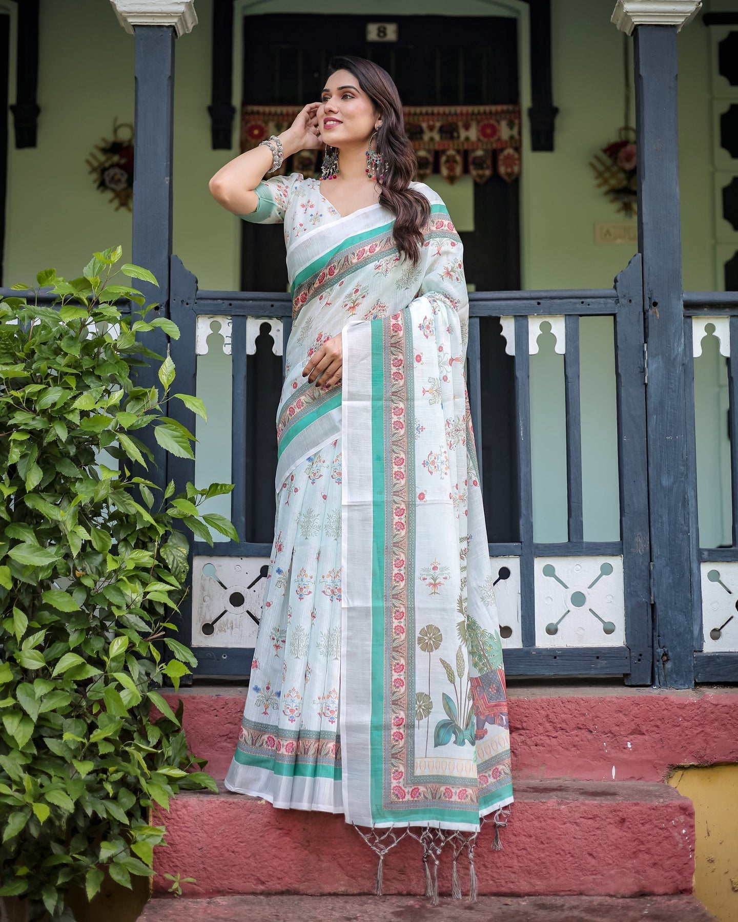 Mint Green Floral Linen Saree | Shaadigruh SD1041