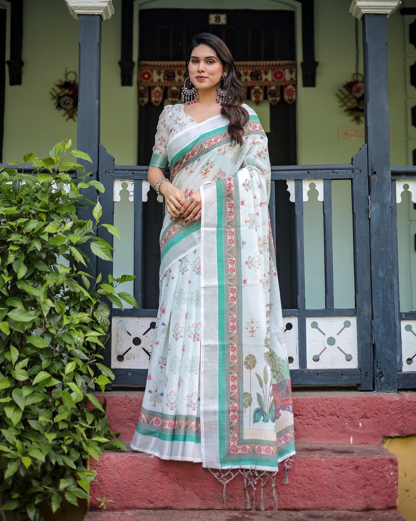 Mint Green Floral Linen Saree | Shaadigruh SD1041