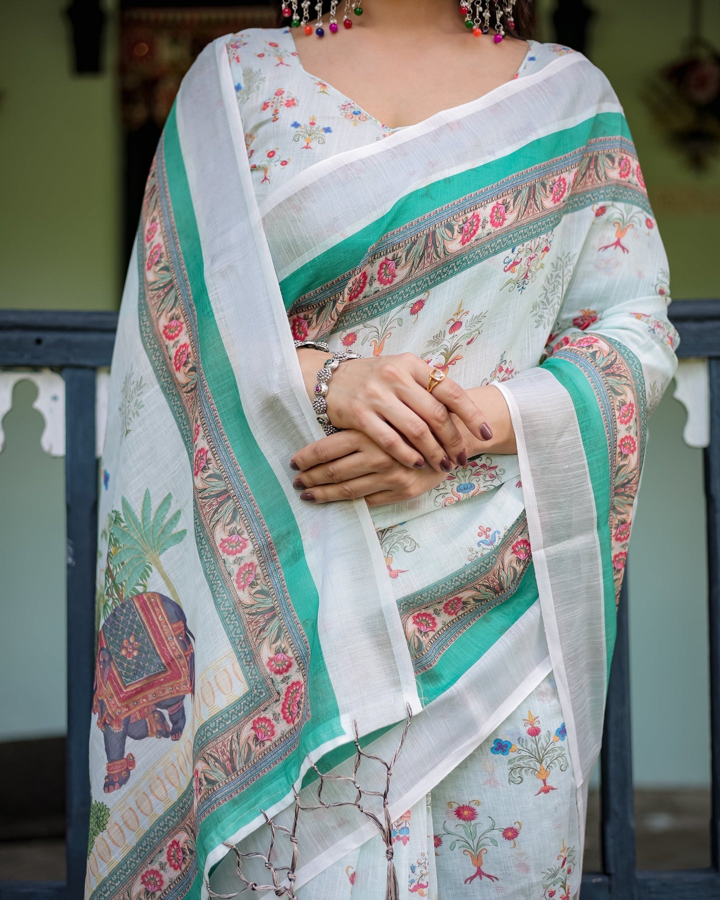 Mint Green Floral Linen Saree | Shaadigruh SD1041