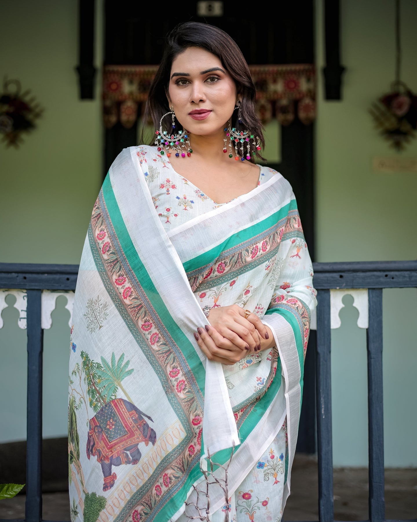 Mint Green Floral Linen Saree | Shaadigruh SD1041