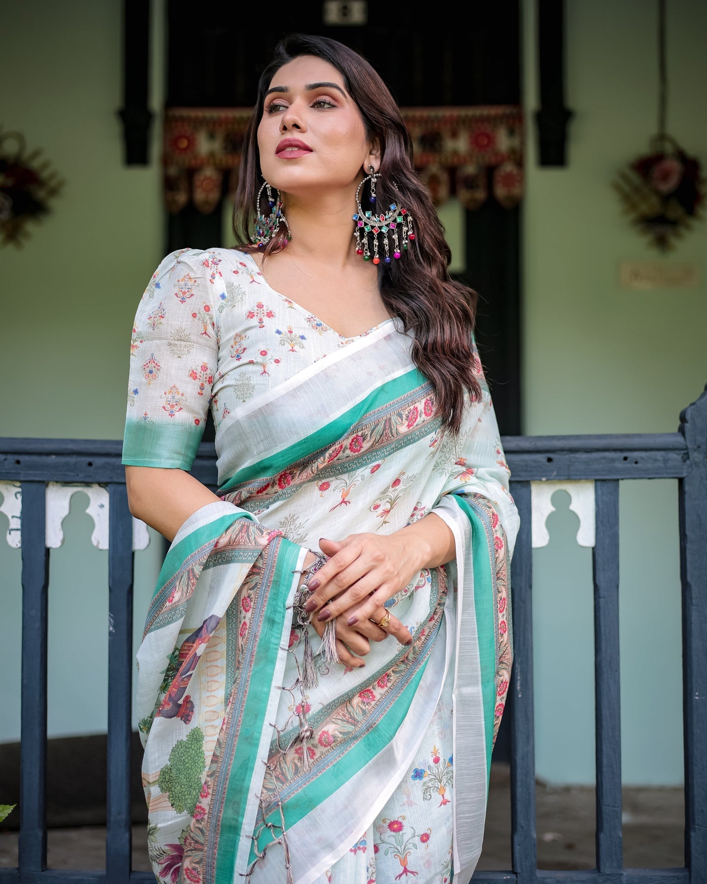 Mint Green Floral Linen Saree | Shaadigruh SD1041