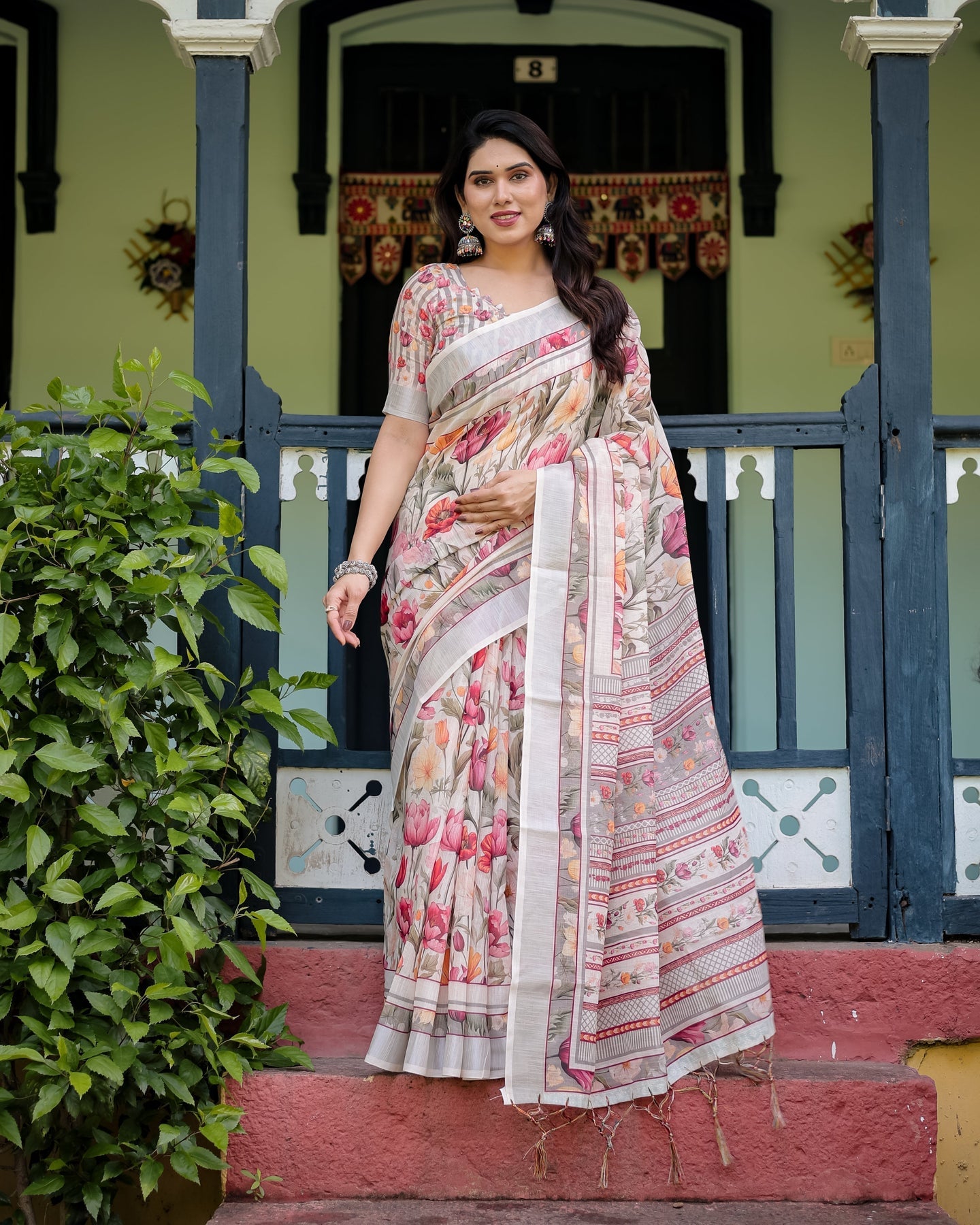 Floral Ivory Linen Saree | Shaadigruh SD1044