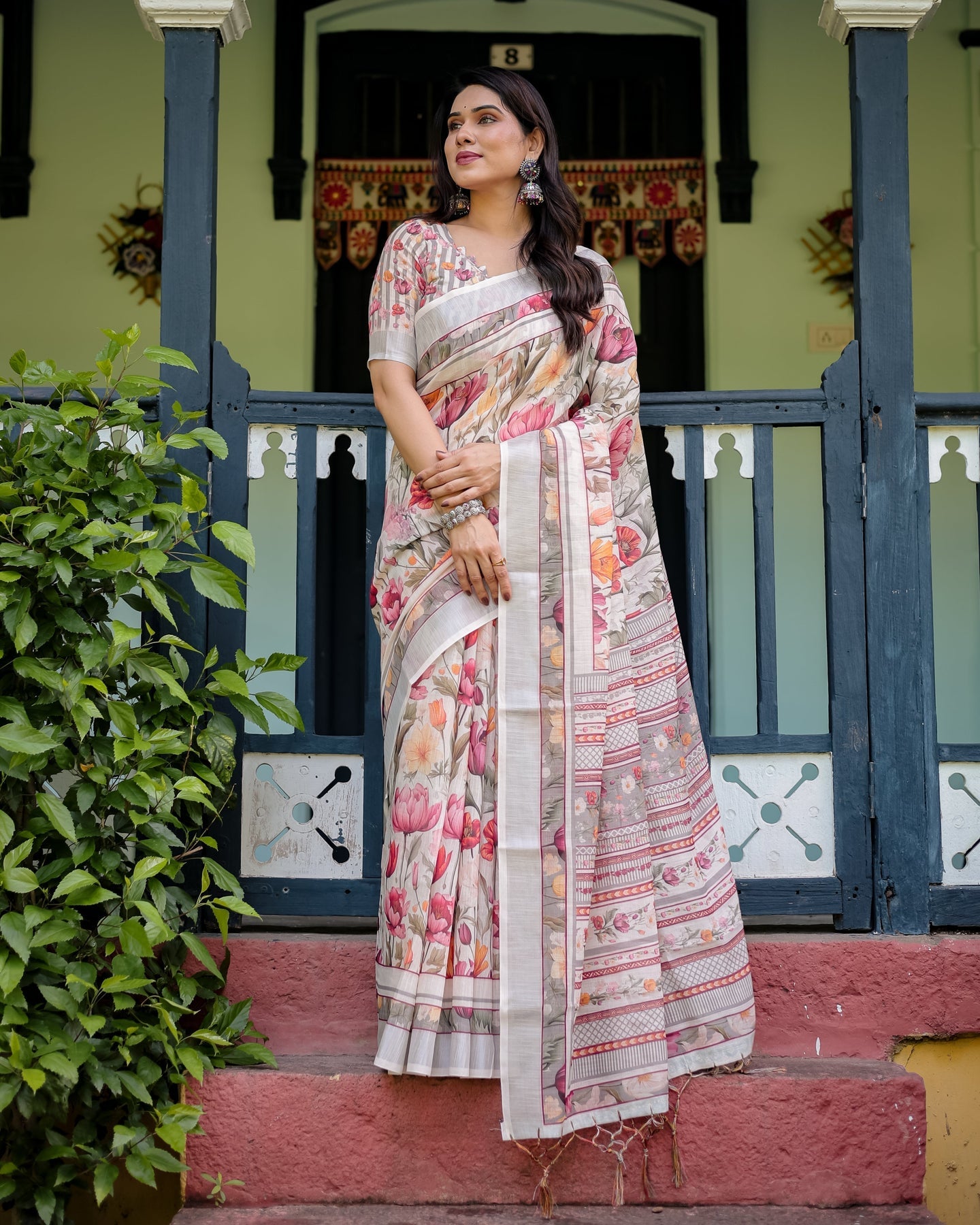 Floral Ivory Linen Saree | Shaadigruh SD1044