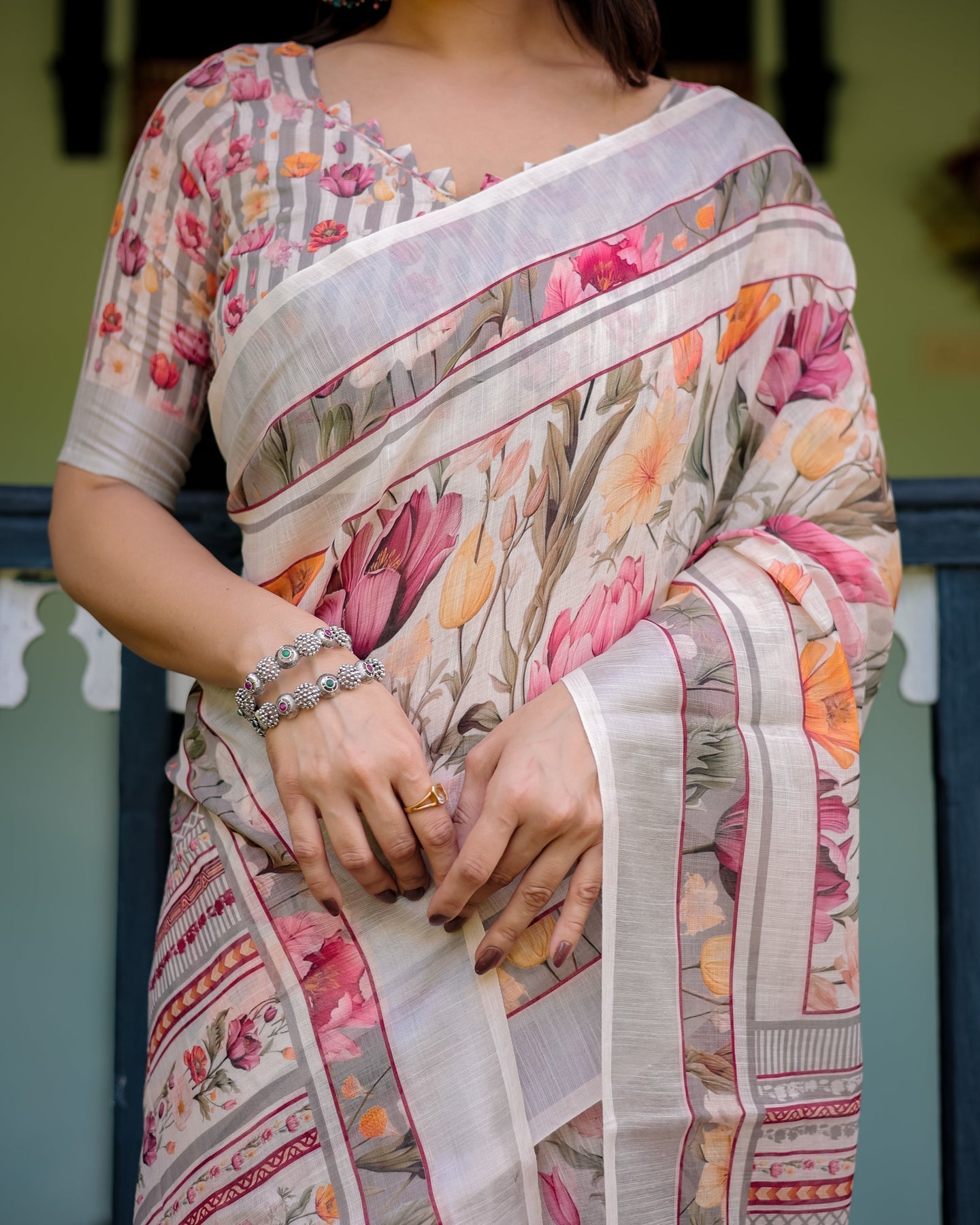 Floral Ivory Linen Saree | Shaadigruh SD1044