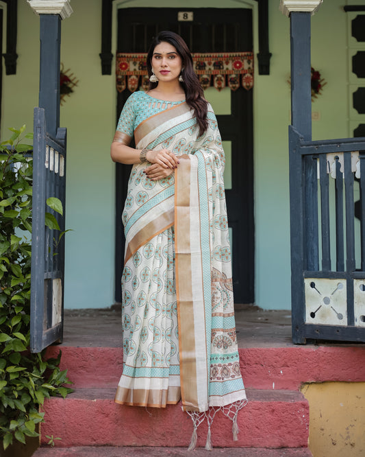 Beige & Aqua Printed Linen Saree | Shaadigruh SD1048