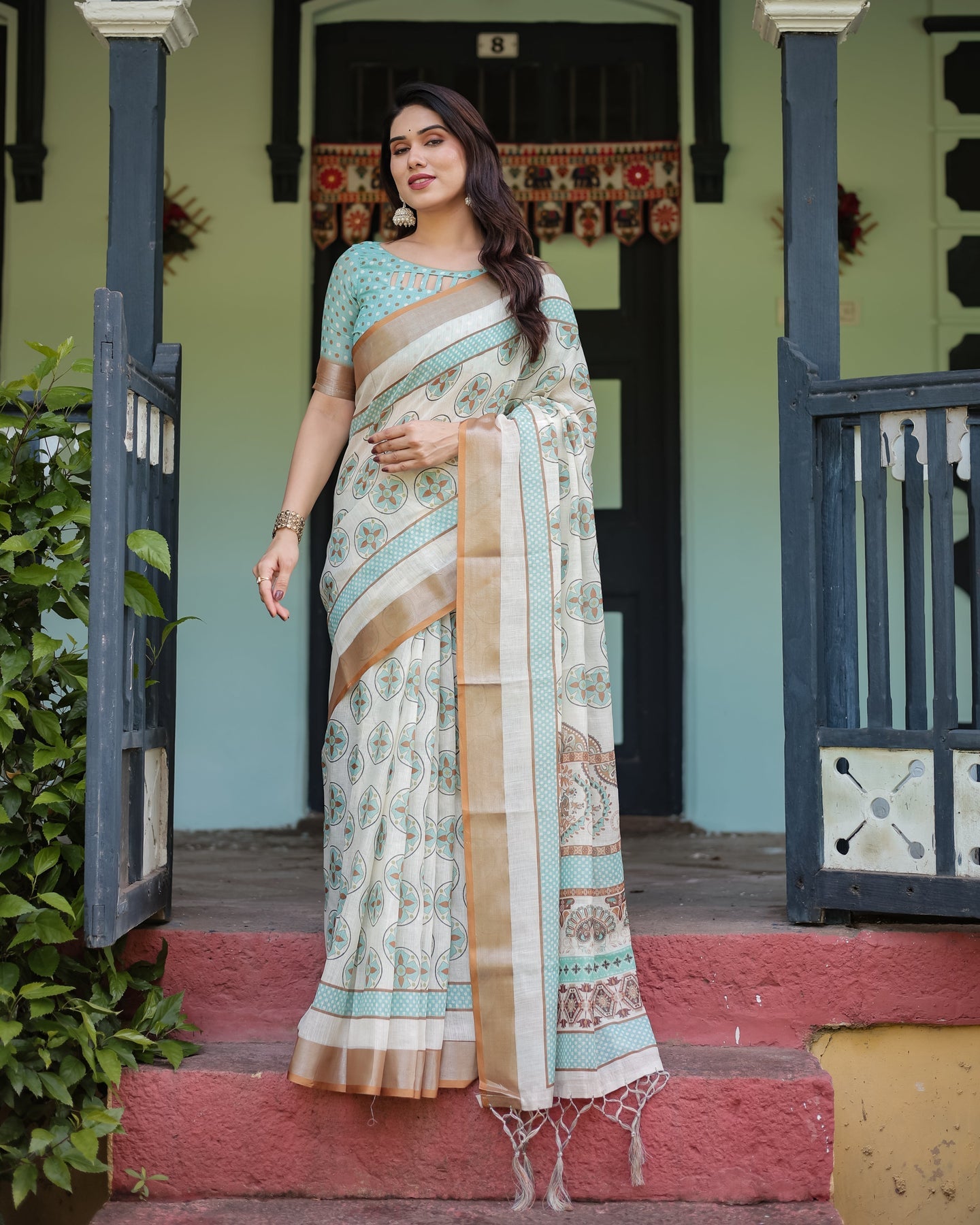 Beige & Aqua Printed Linen Saree | Shaadigruh SD1048
