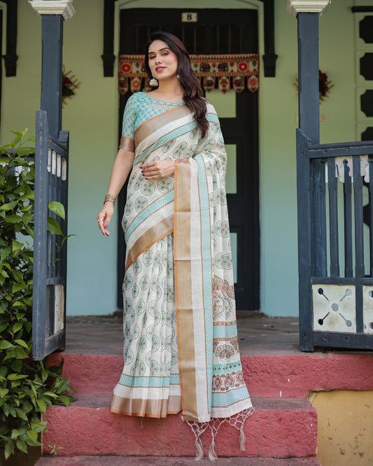 Beige & Aqua Printed Linen Saree | Shaadigruh SD1048