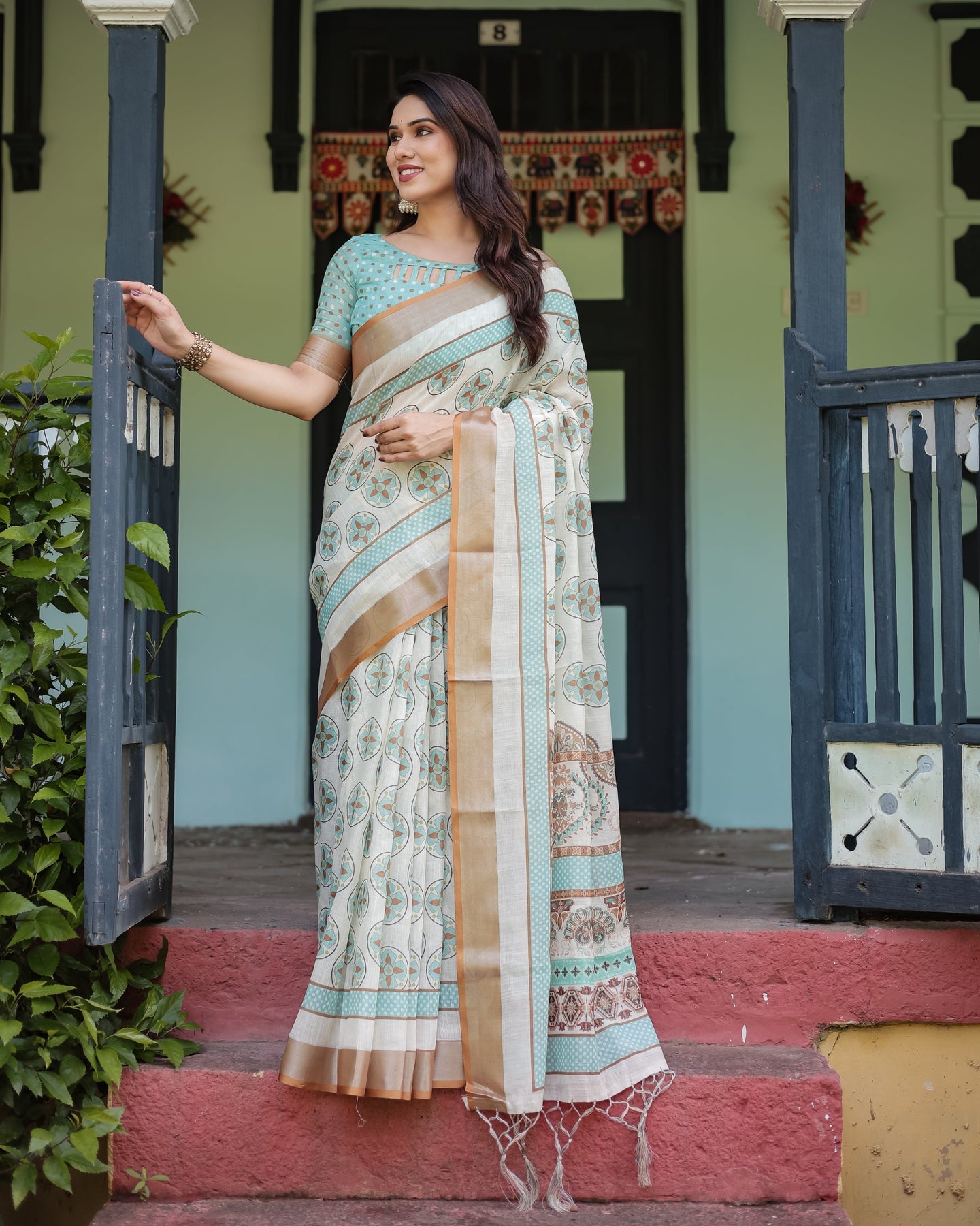 Beige & Aqua Printed Linen Saree | Shaadigruh SD1048