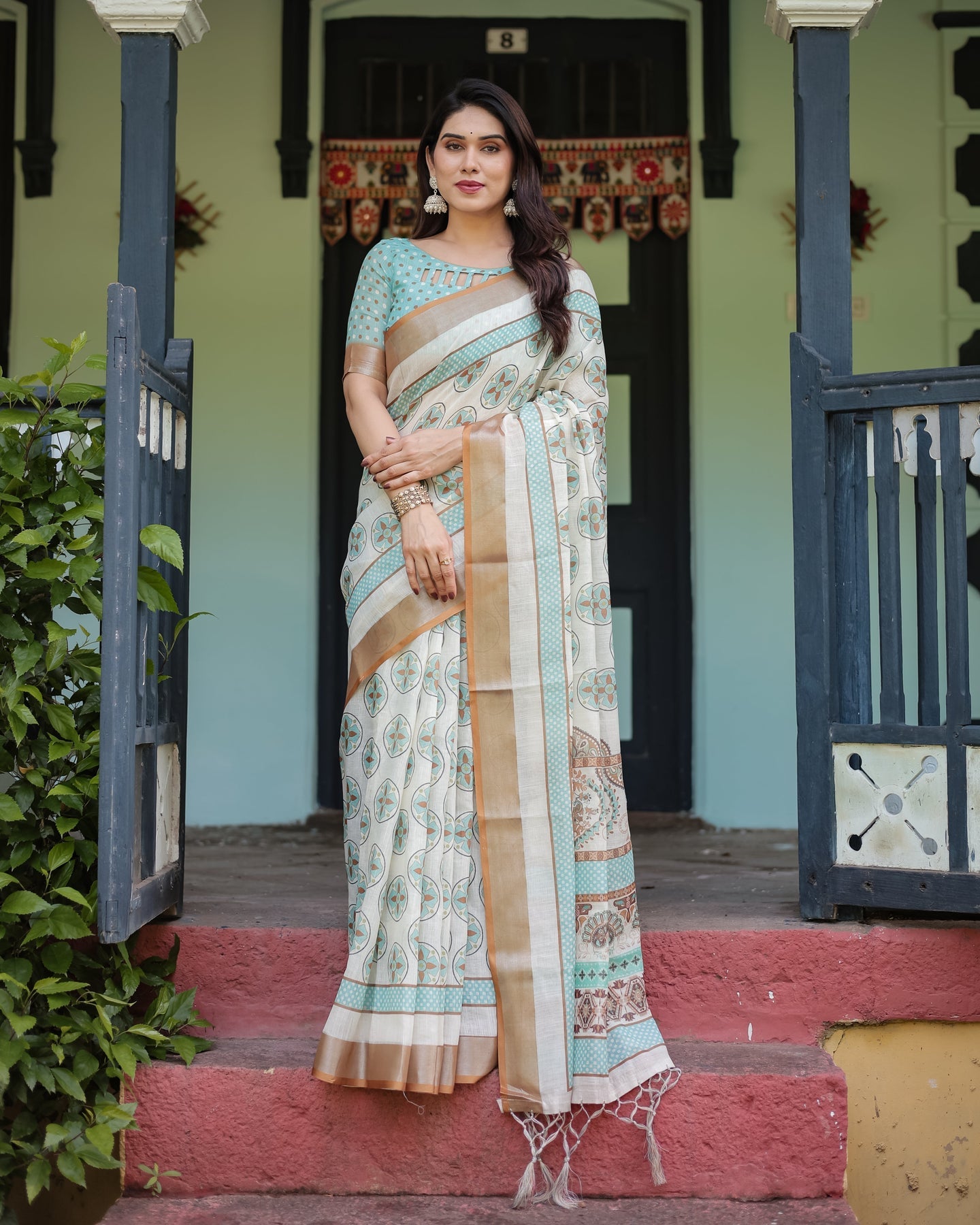 Beige & Aqua Printed Linen Saree | Shaadigruh SD1048